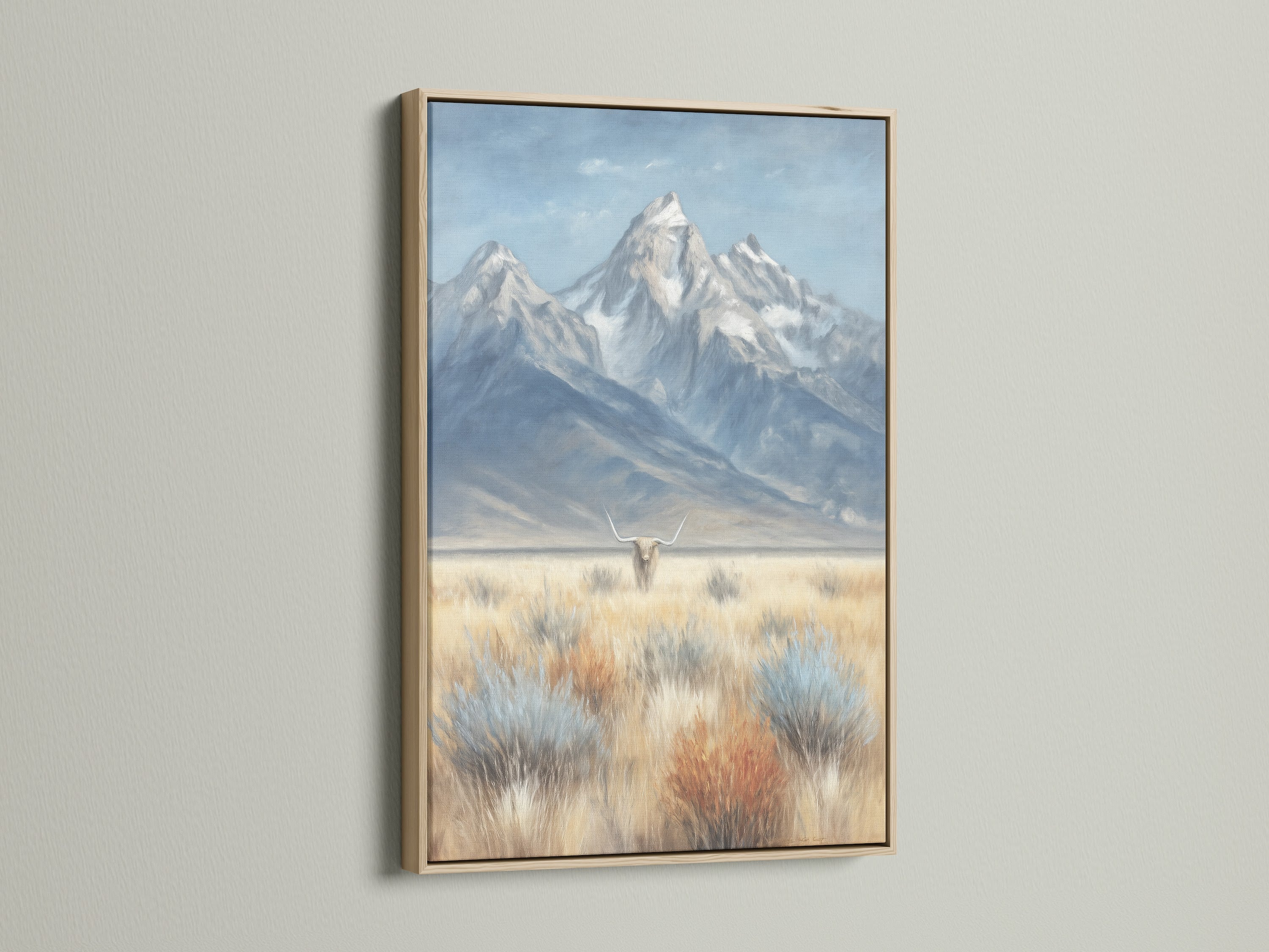 A captivating mountain and highland cattle artwork is showcased in an oak frame. This piece enhances rustic farmhouse decor. The landscape painting adds countryside art to your space. It's perfect for homeowners and interior designers seeking rustic wall art.