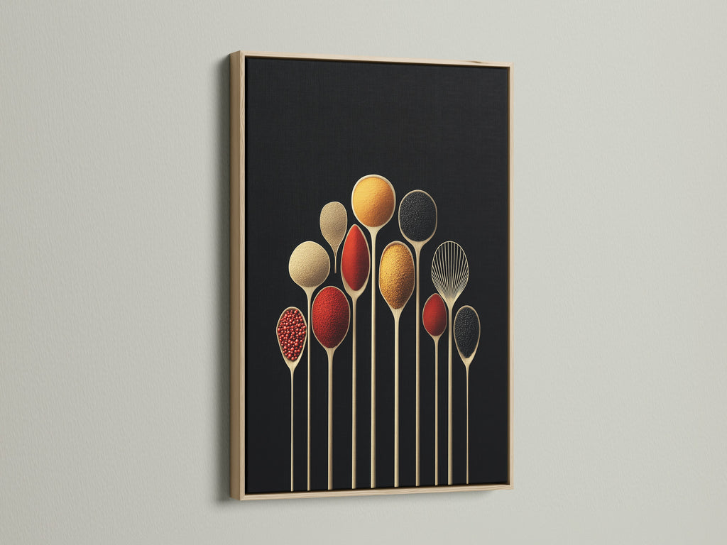 Spice Spoons canvas print in an oak frame. Enhance your kitchen wall art with this modern culinary art. A beautiful foodie gift to elevate your dining decor with spice spoon art.