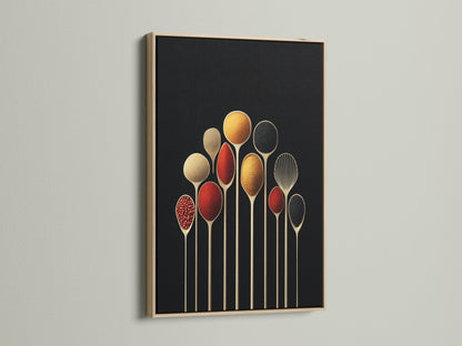 Spice Spoons canvas print in an oak frame. Enhance your kitchen wall art with this modern culinary art. A beautiful foodie gift to elevate your dining decor with spice spoon art.
