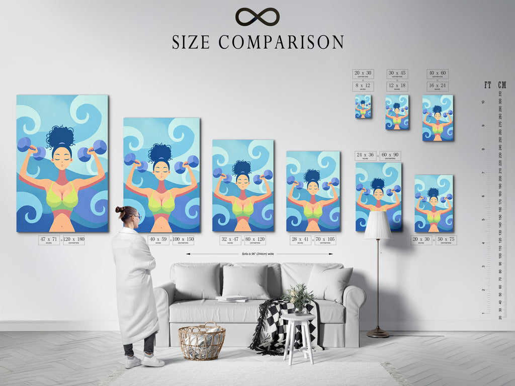 Size comparison chart in an interior setting. It showcases fitness woman artwork. This motivational gym wall art offers workout inspiration. Ideal for home gym decor and embodies strength training.