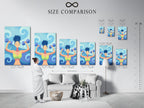 Size comparison chart in an interior setting. It showcases fitness woman artwork. This motivational gym wall art offers workout inspiration. Ideal for home gym decor and embodies strength training.