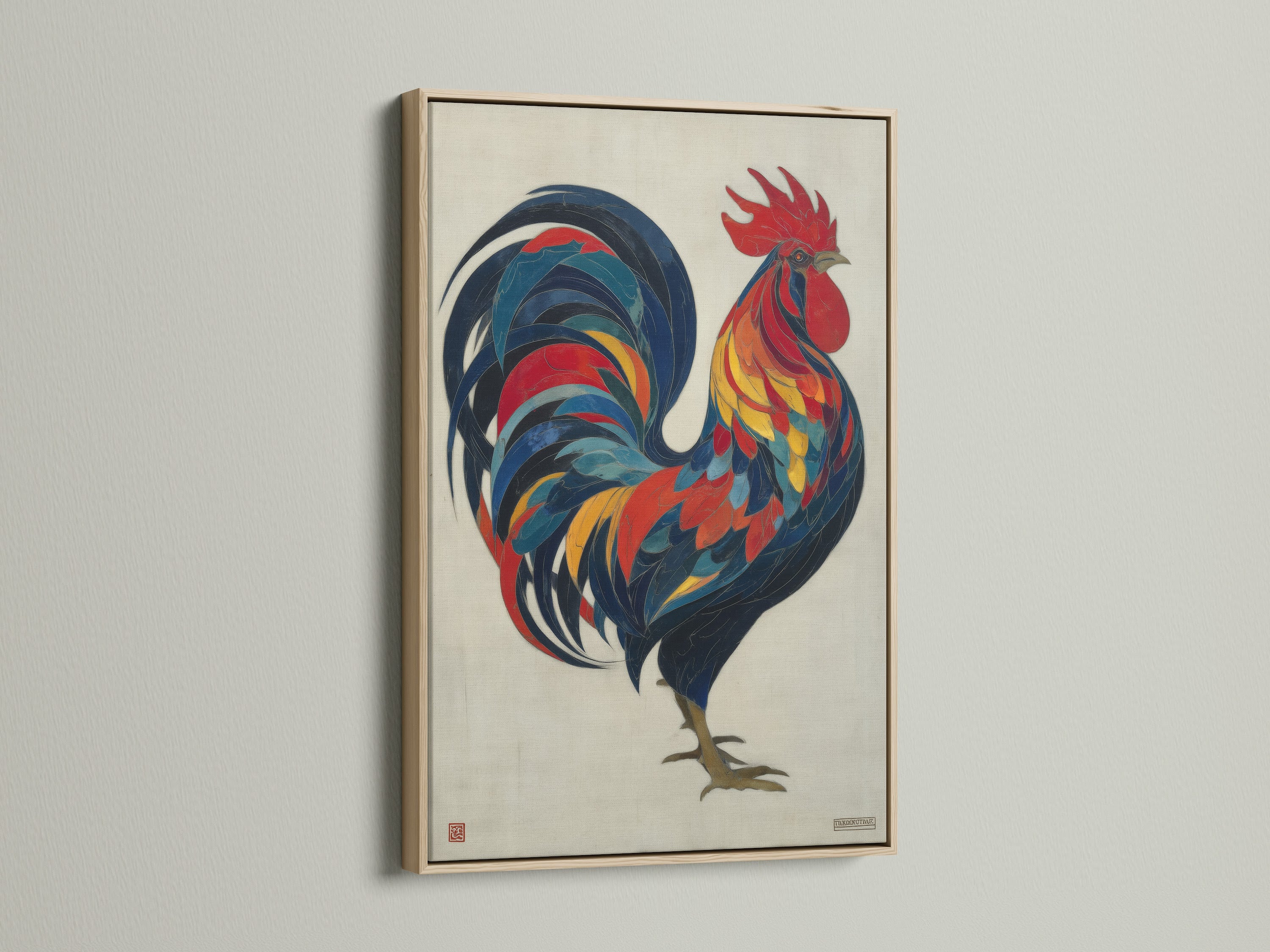 This image features the colorful rooster artwork with an oak frame. The frame enhances the rustic charm of this farm animal print. Perfect for adding a touch of country style to your kitchen or dining room. A beautiful piece of barnyard art.