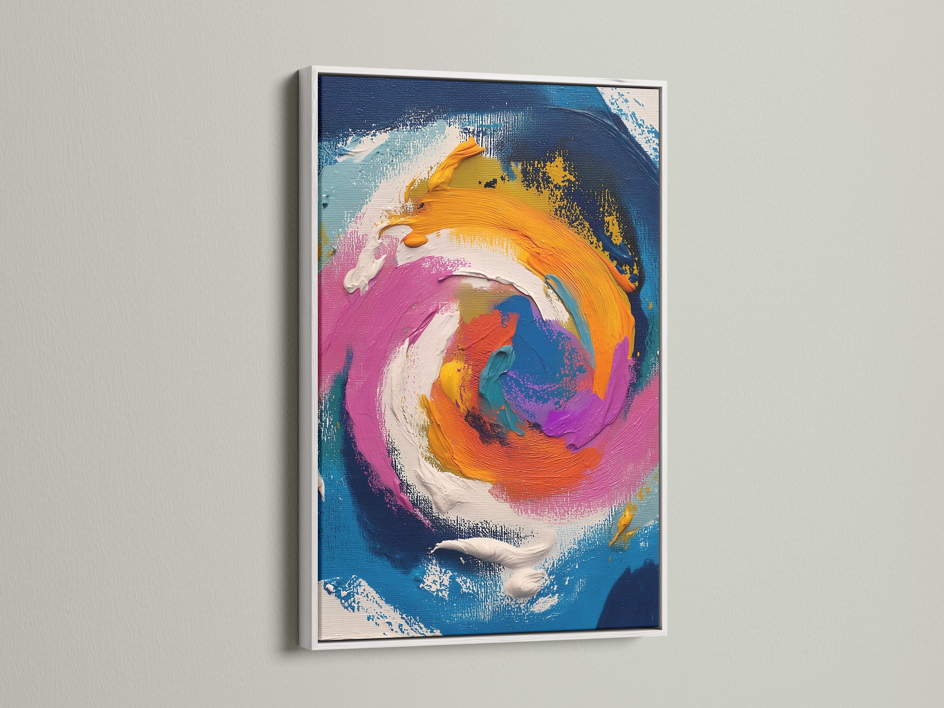An abstract swirl artwork is presented in a clean white frame. The artwork's vibrant colors pop against the white backdrop. This modern piece brings a contemporary touch to any room. The swirl art is a beautiful focal point.