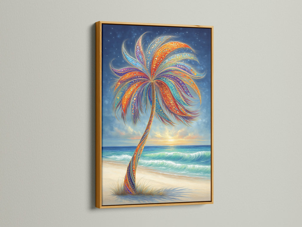 Tropical Palm Tree artwork in a gold frame. The gold frame adds a luxurious touch to this vibrant artwork. Perfect for creating a statement wall. This bohemian beach wall art elevates any space with its colorful charm.