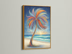 Tropical Palm Tree artwork in a gold frame. The gold frame adds a luxurious touch to this vibrant artwork. Perfect for creating a statement wall. This bohemian beach wall art elevates any space with its colorful charm.
