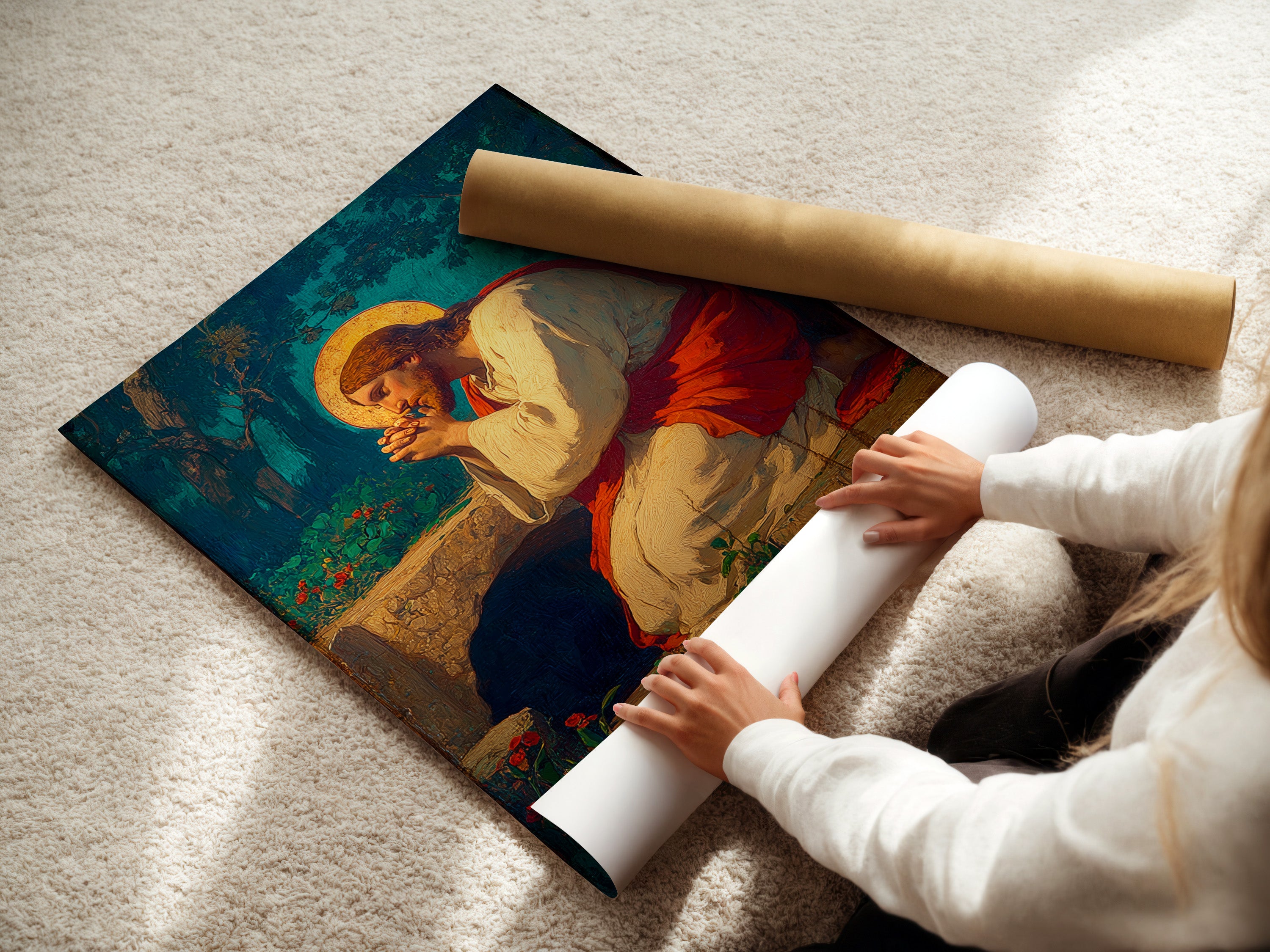 A woman is carefully rolling fine art poster paper. High-quality poster paper ensures your art looks its best. We use premium materials for exceptional prints. Discover our range of fine art paper options. Create stunning artwork with our professional-grade supplies.