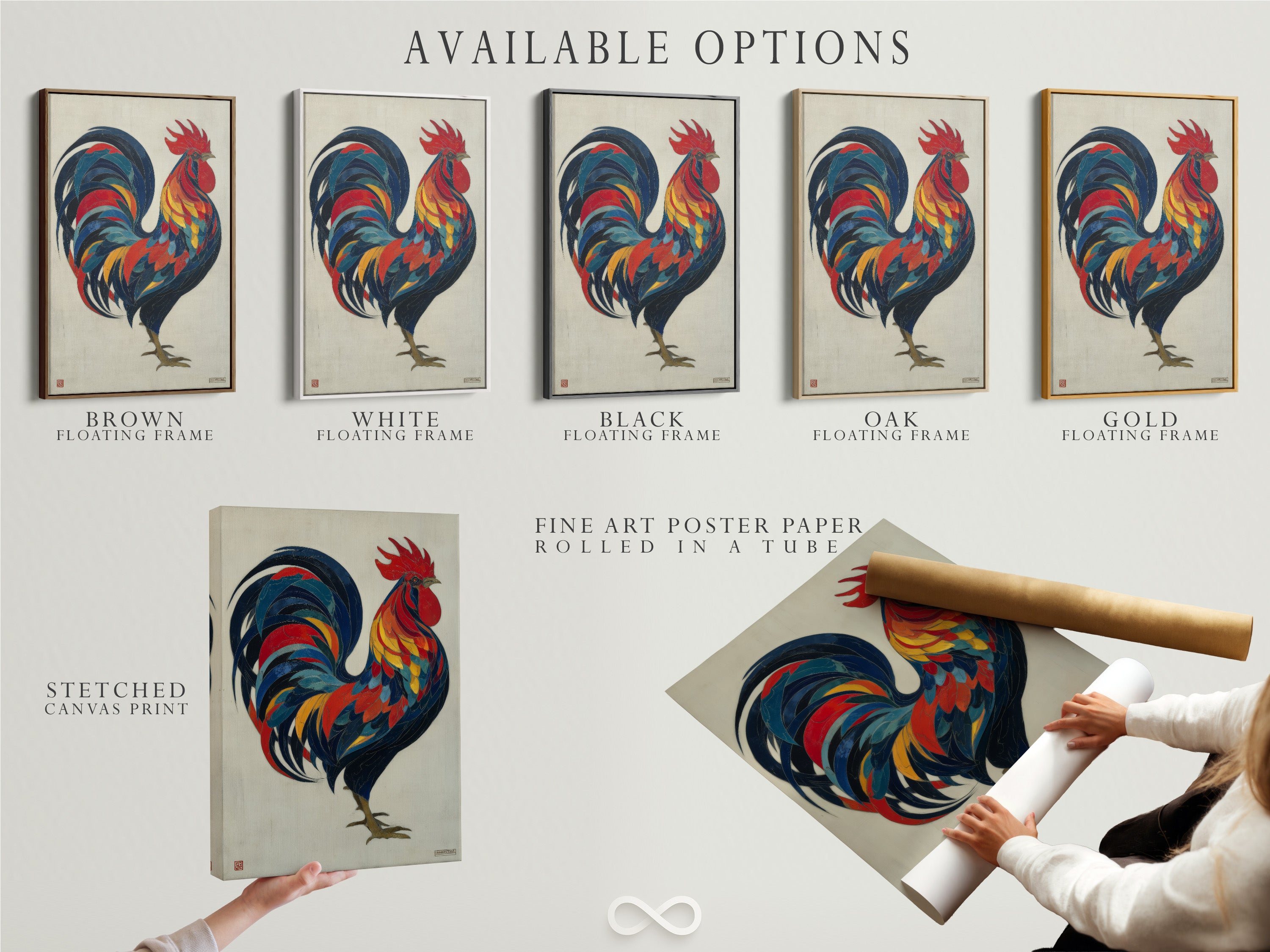 Explore the available options for the colorful rooster artwork. Options include a stretched canvas print a fine art poster paper and a floating frame. Customize your artwork to match your personal style and home decor. Find the perfect piece for your kitchen or dining area.