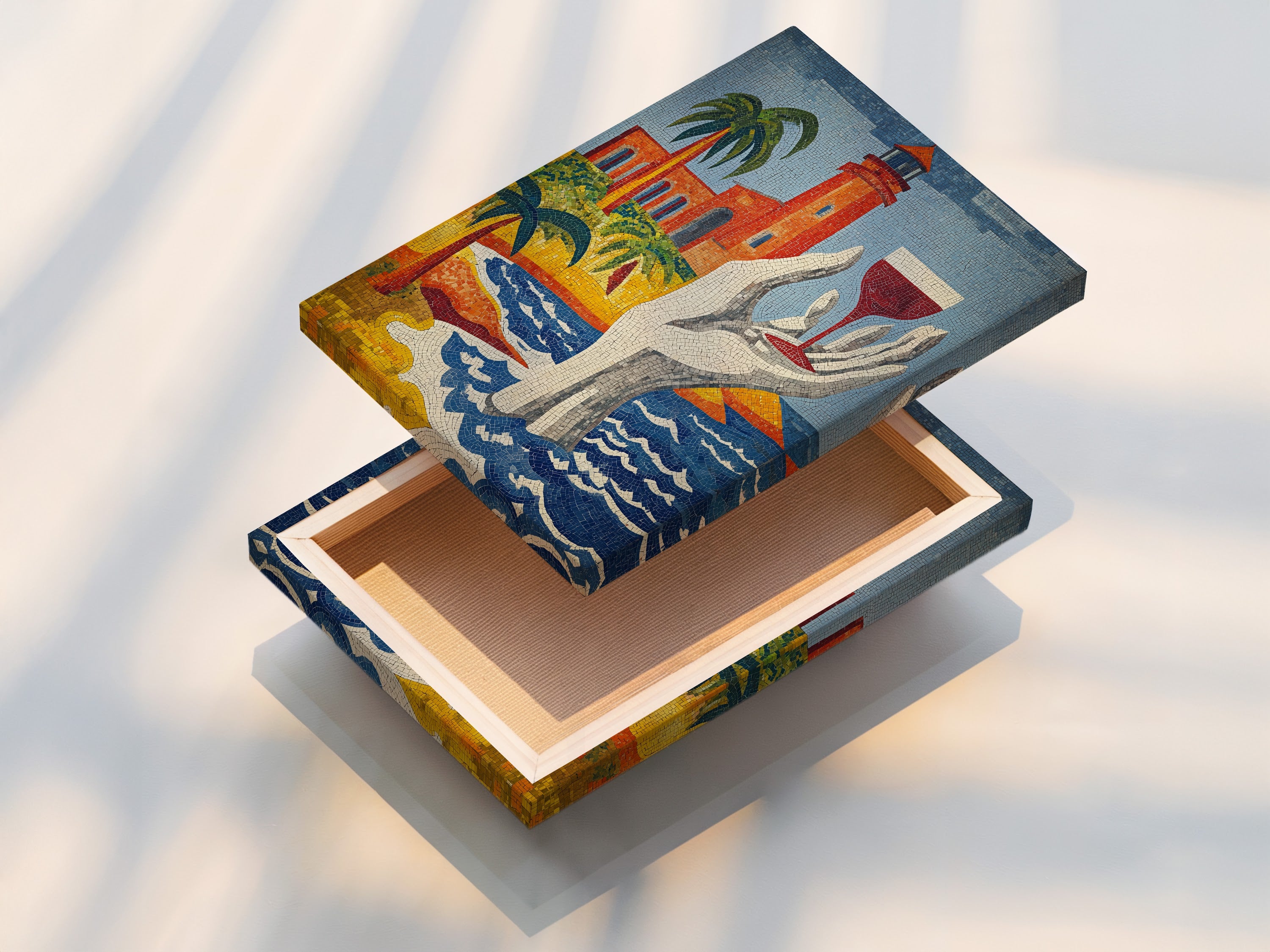 Beautiful stretched canvas print of a lighthouse mosaic art piece. This coastal wall decor is a Mediterranean dream. The tile artwork enhances beach house decor. It provides a nautical vibe. The seaside artwork is ready to hang.