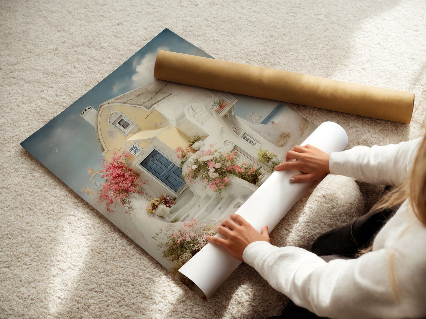 A woman carefully rolls a fine art poster paper. This high-quality paper is perfect for printing coastal artwork such as Mediterranean house canvas prints. Ideal for creating stunning Santorini-style art for bedroom or vacation home decor. Perfect for sea view prints.