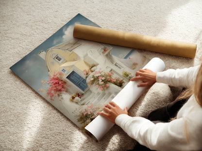 A woman carefully rolls a fine art poster paper. This high-quality paper is perfect for printing coastal artwork such as Mediterranean house canvas prints. Ideal for creating stunning Santorini-style art for bedroom or vacation home decor. Perfect for sea view prints.