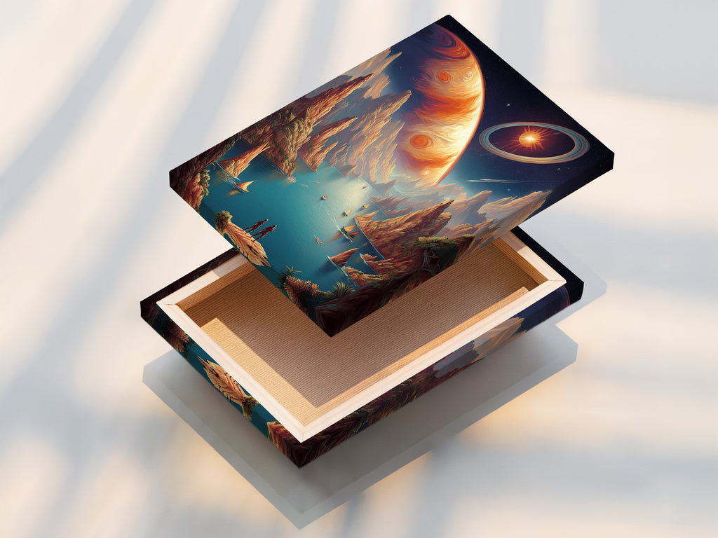 This image shows a stretched canvas print of a cosmic landscape artwork. The surreal planet artwork wraps seamlessly around the frame. It offers a gallery-ready piece for modern homes arcades and creative studios.