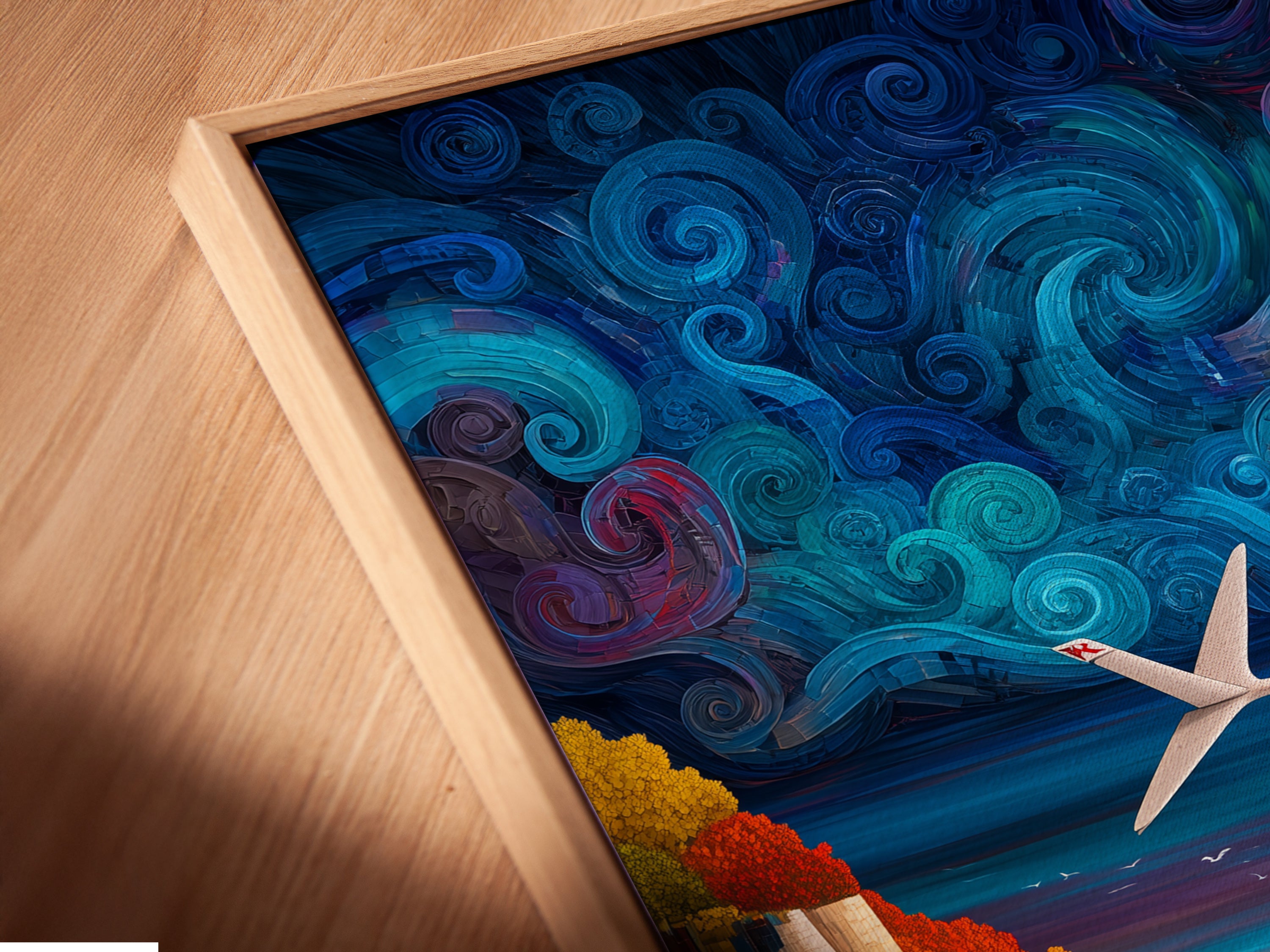 Angled close up of a sailplane canvas print in a floating frame. The aviation art showcases a colorful cliff landscape. The floating frame adds a touch of elegance. Perfect for modern interiors