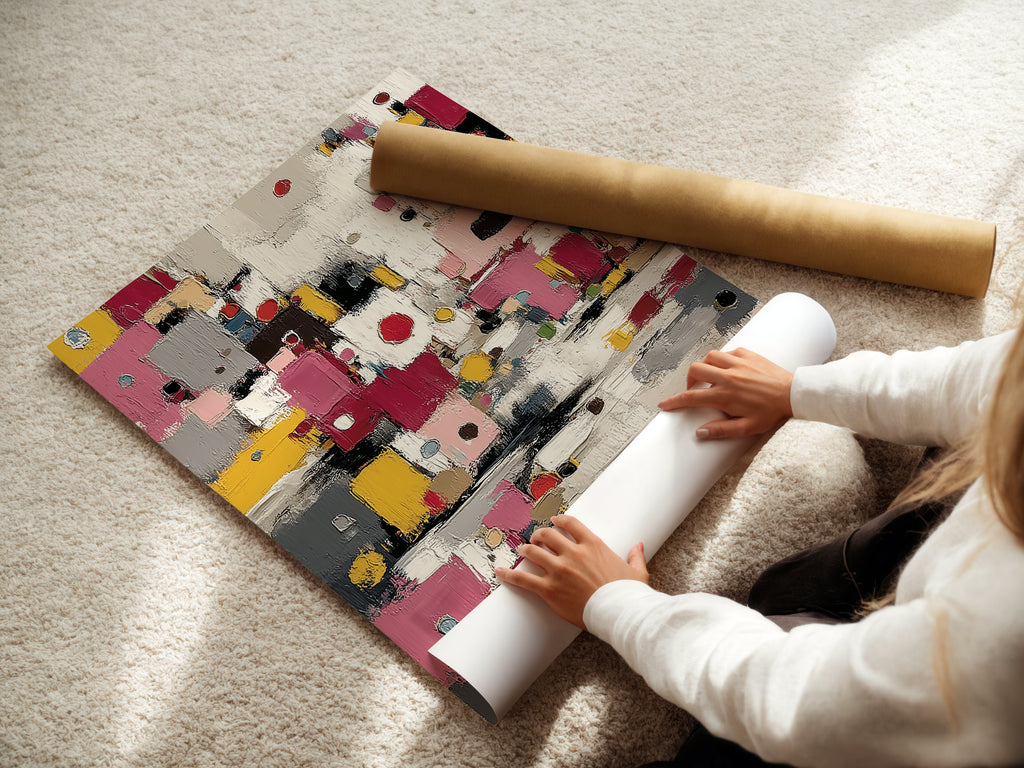 Woman rolling a fine art poster paper. High quality abstract colorful artwork ready to be displayed. Modern geometric print adds a touch of sophistication to any room. Pink yellow decor for stylish interiors.