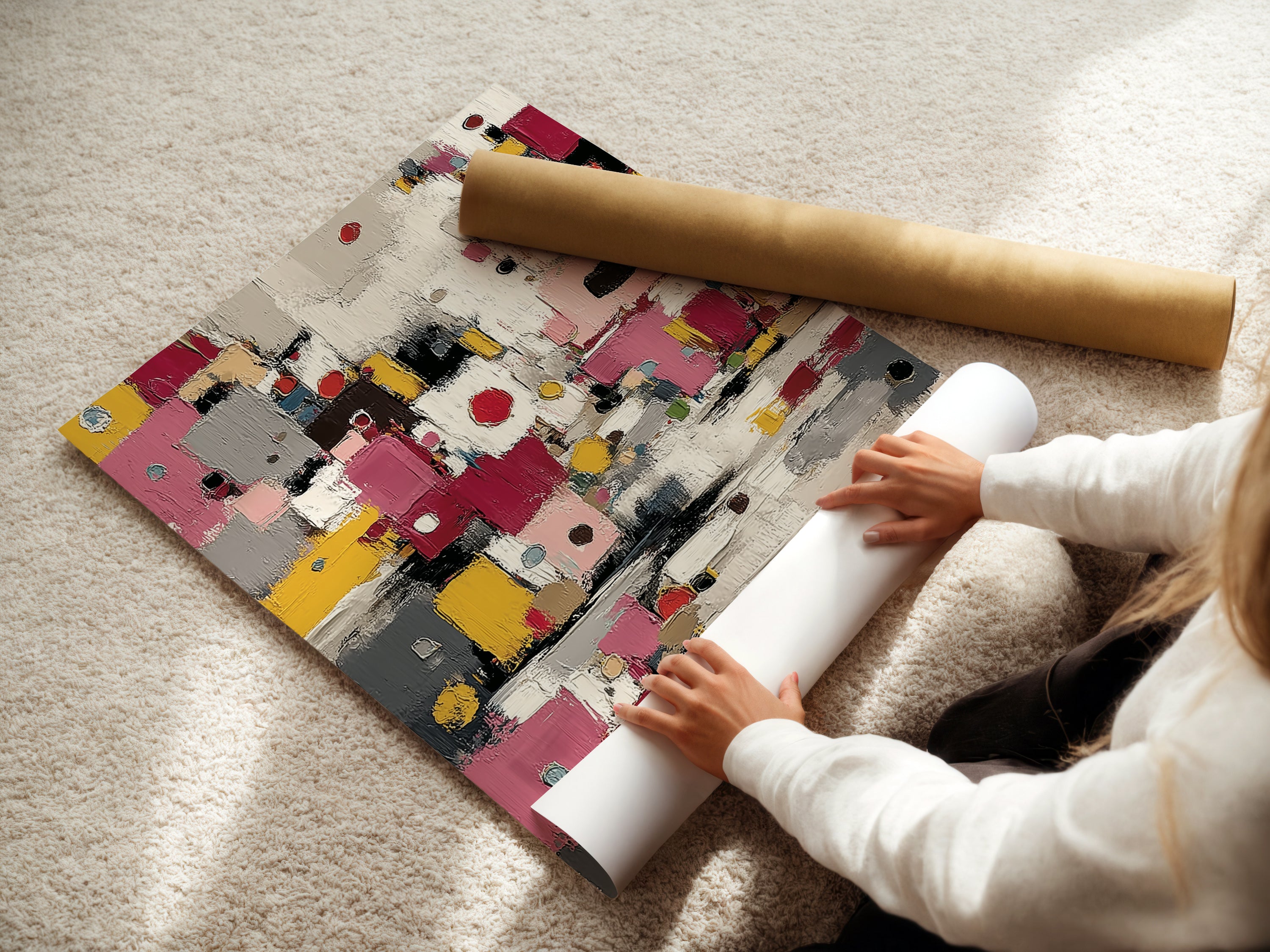 Woman rolling a fine art poster paper. High quality abstract colorful artwork ready to be displayed. Modern geometric print adds a touch of sophistication to any room. Pink yellow decor for stylish interiors.