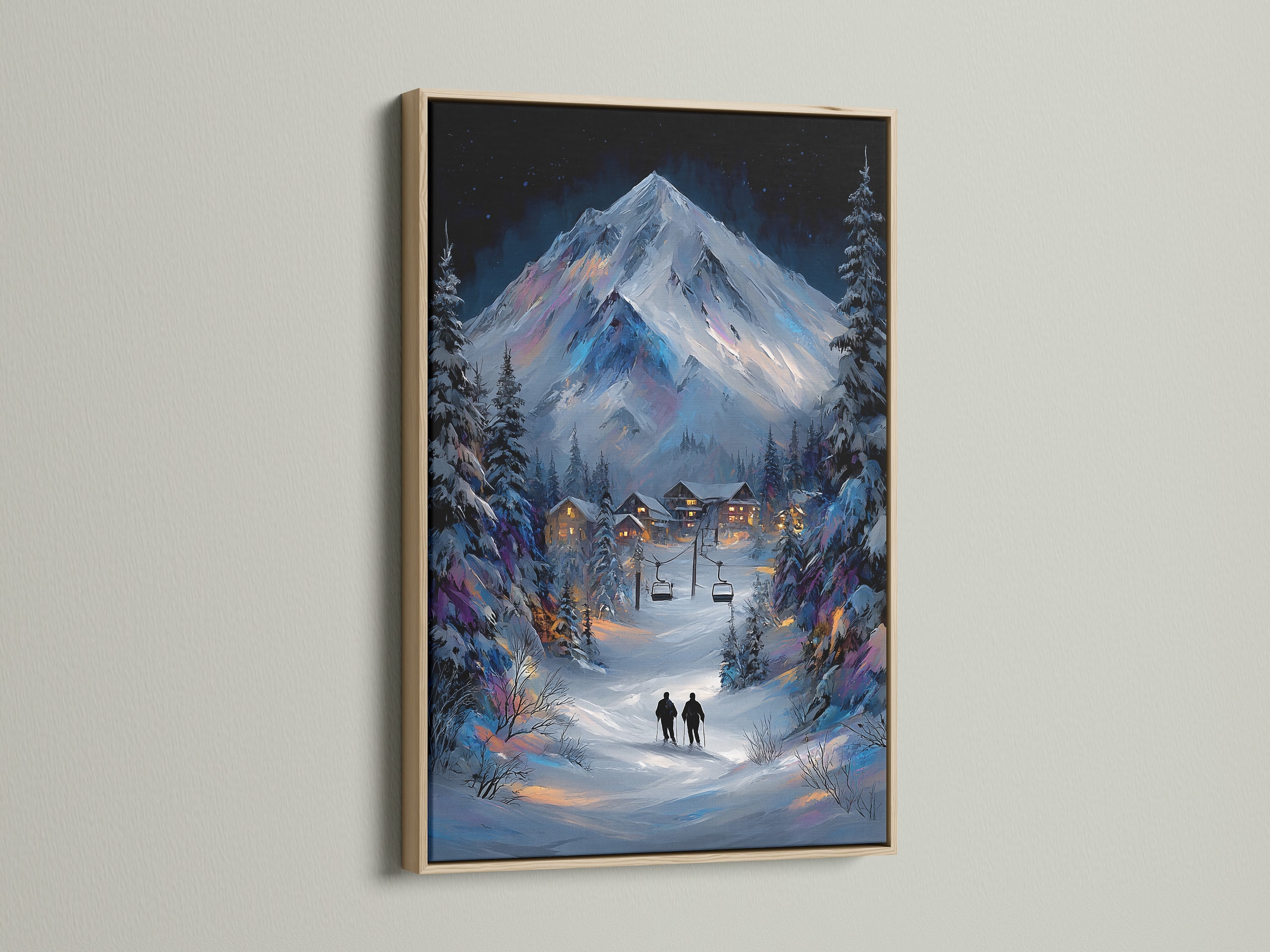 Elevate your space with a winter mountain canvas print. This oak frame enhances the snowy alpine landscape. It is perfect for creating a cozy cabin atmosphere. Add warmth and style to your ski lodge decor with this framed artwork.