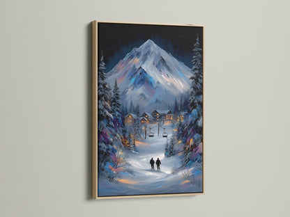 Elevate your space with a winter mountain canvas print. This oak frame enhances the snowy alpine landscape. It is perfect for creating a cozy cabin atmosphere. Add warmth and style to your ski lodge decor with this framed artwork.