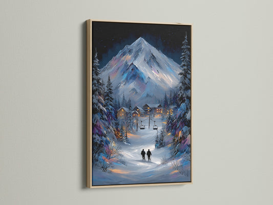 Elevate your space with a winter mountain canvas print. This oak frame enhances the snowy alpine landscape. It is perfect for creating a cozy cabin atmosphere. Add warmth and style to your ski lodge decor with this framed artwork.
