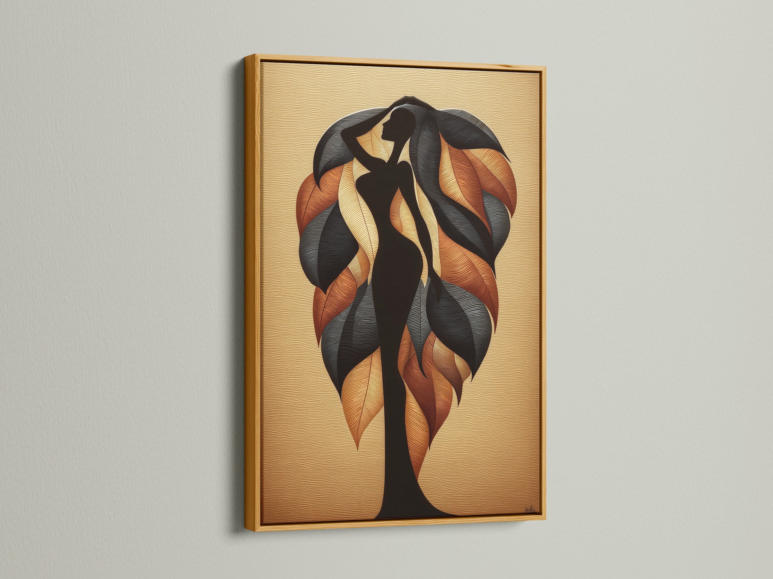 A stunning gold framed canvas print featuring abstract tree art. The artwork displays autumn leaves adding a touch of modern botanical decor. This fall decor is perfect for elevating bedroom wall art. Homeowners and business owners will find it ideal for lobbies and offices. The gold frame accentuates the contemporary style.