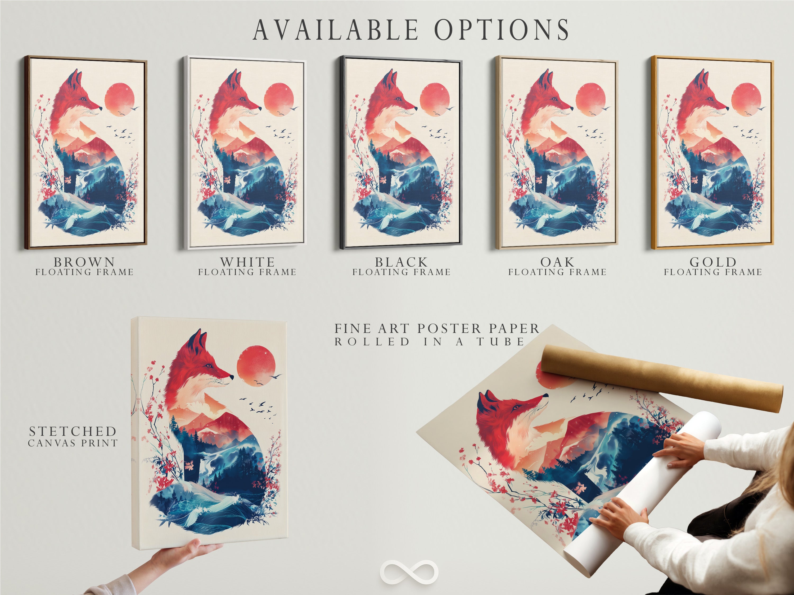 Available art options are displayed. These include a stretched canvas print. Also a fine art poster paper and a floating frame. Choose the perfect medium and presentation. This offers a personalized artwork that suits your style and space.