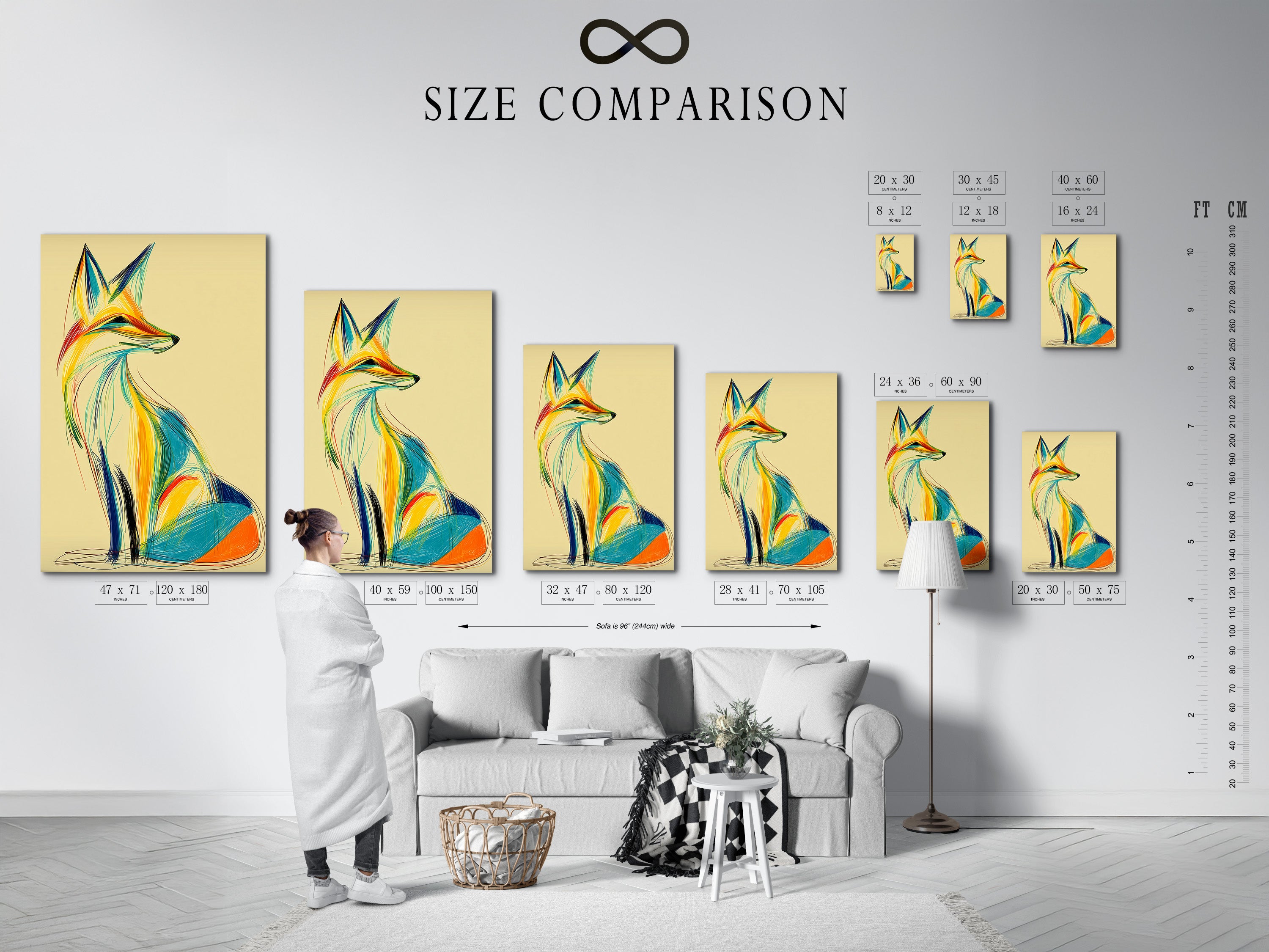 This size comparison chart helps you visualize how different print sizes will look in your space. Perfect for planning your wall decor. Choose the ideal size for your art prints. Find the right fit with our size chart.