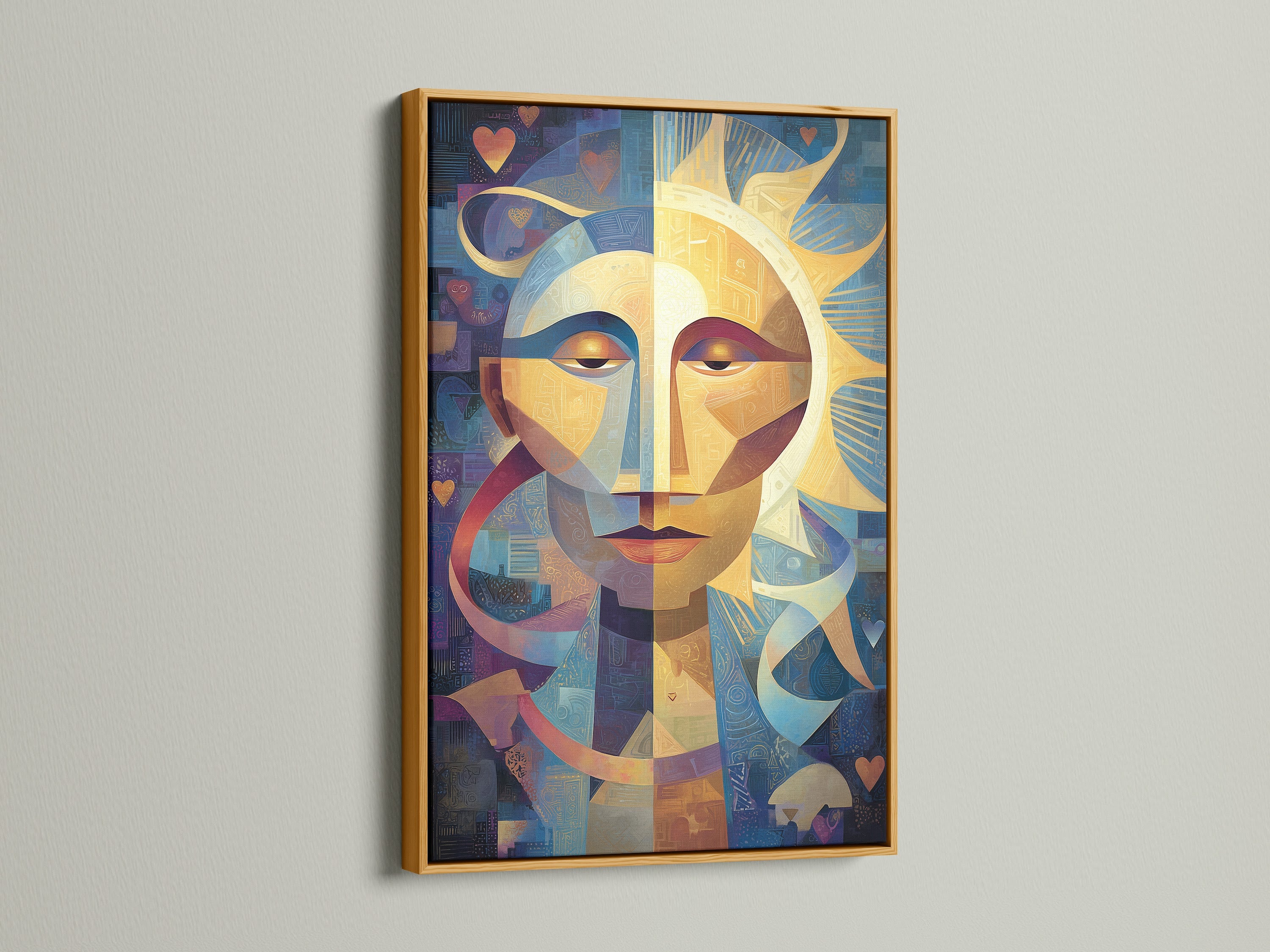 Elevate your artwork with a luxurious gold frame. An abstract sun face art print is elegantly displayed. The gold frame adds a touch of opulence and sophistication. A perfect statement piece enhancing artwork with glamour.