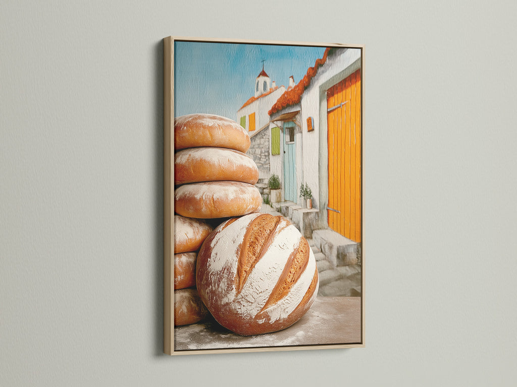 Rustic kitchen artwork in an oak frame. The bread art adds charm to any dining area. Ideal for homeowners renters and interior designers. It suits farmhouse country or French-inspired styles. The piece is a delightful bakery print.