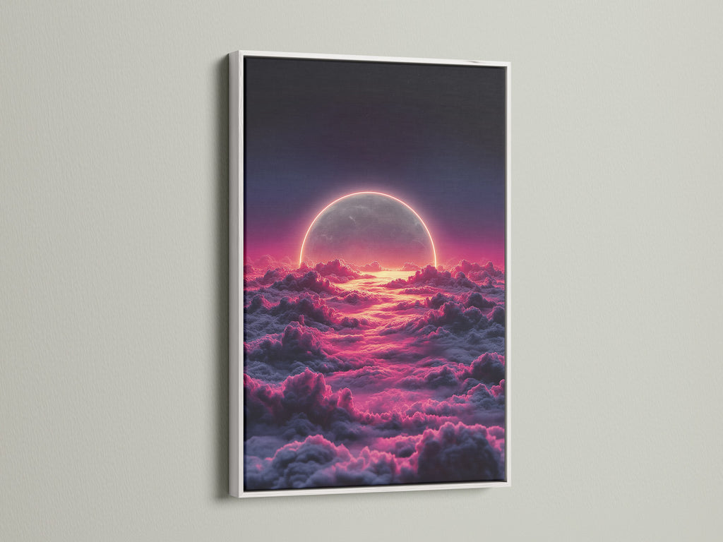 A white frame highlights the celestial moon canvas. The pink cloud print creates a dreamy sky scene. This bedroom wall art is modern and stylish. The cloudscape art adds an ethereal touch. Transform your living space with this lunar artwork.