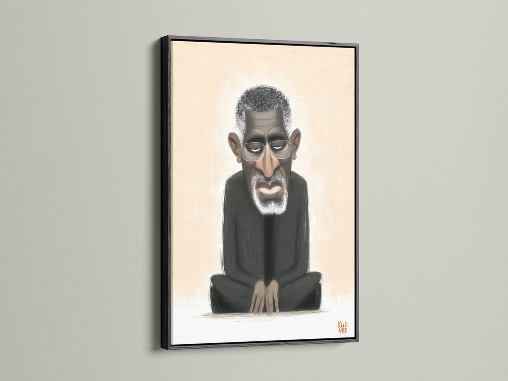 A black frame highlights a modern portrait print. The artwork features a black man. It offers a minimalist aesthetic. It is an excellent choice for man cave art or neutral-toned decor.