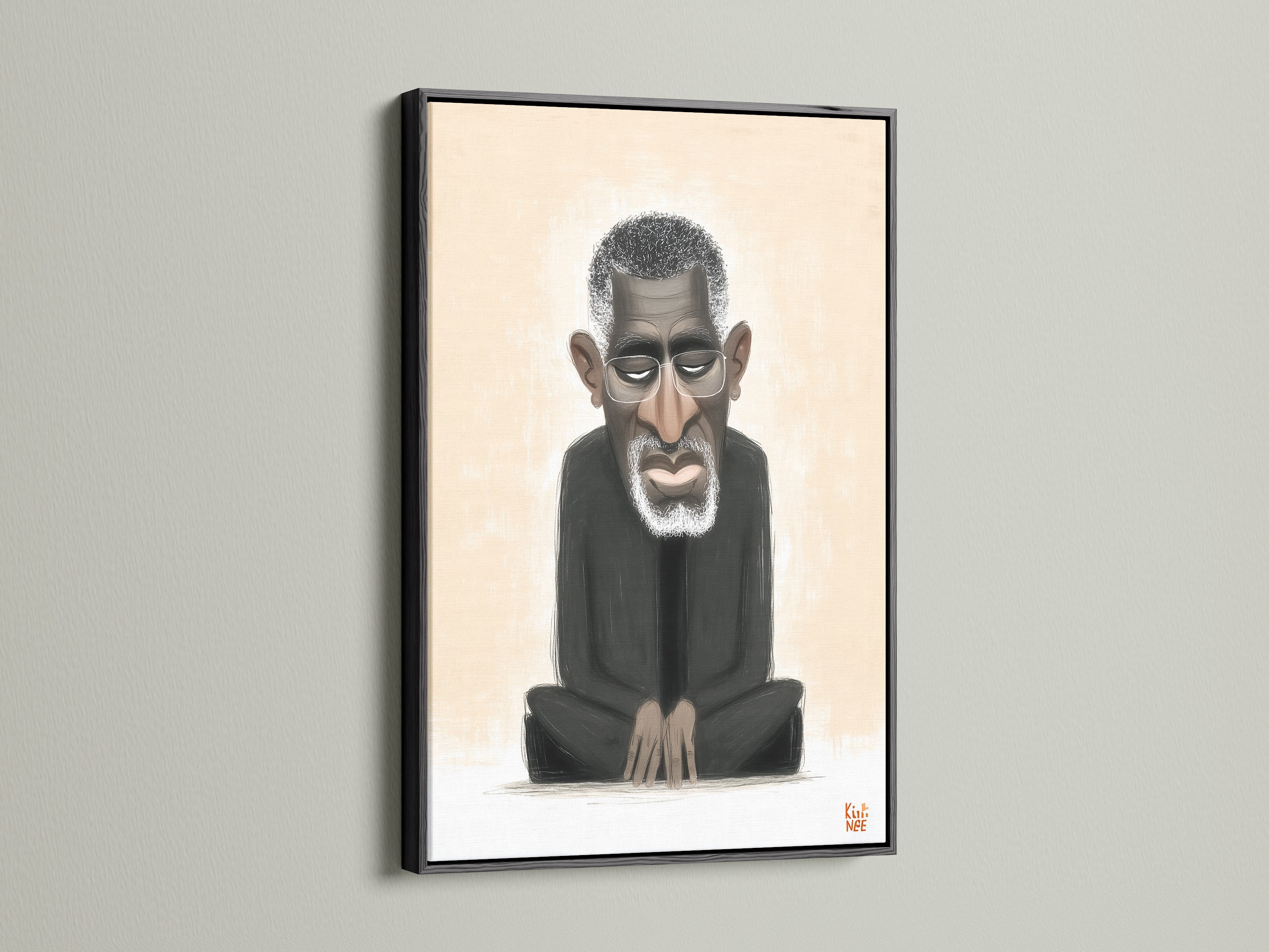 A black frame highlights a modern portrait print. The artwork features a black man. It offers a minimalist aesthetic. It is an excellent choice for man cave art or neutral-toned decor.