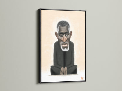 A black frame highlights a modern portrait print. The artwork features a black man. It offers a minimalist aesthetic. It is an excellent choice for man cave art or neutral-toned decor.