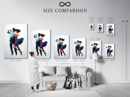 A size comparison chart is shown in an interior setting. The chart helps visualize artwork dimensions. See how different sizes fit your space. Choose the perfect size to enhance your decor. Make an informed decision with our guide.