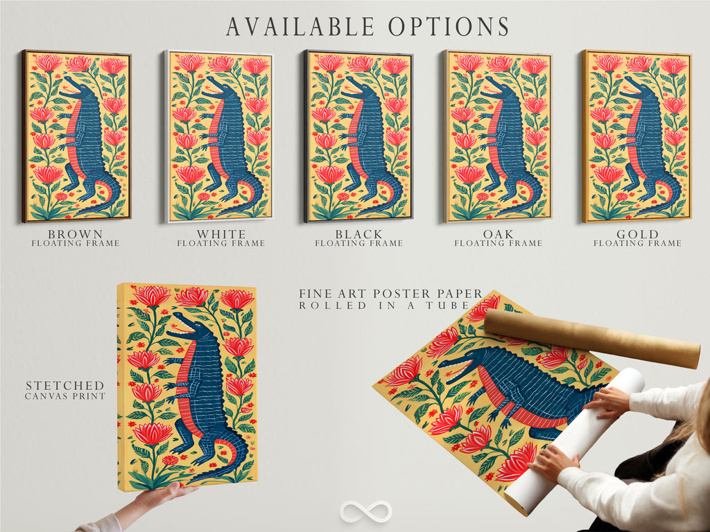 Available options for the alligator artwork are displayed. Options include a stretched canvas print. Also a fine art poster paper and a floating frame are shown. Find the perfect style to suit your taste.
