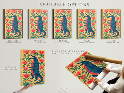 Available options for the alligator artwork are displayed. Options include a stretched canvas print. Also a fine art poster paper and a floating frame are shown. Find the perfect style to suit your taste.