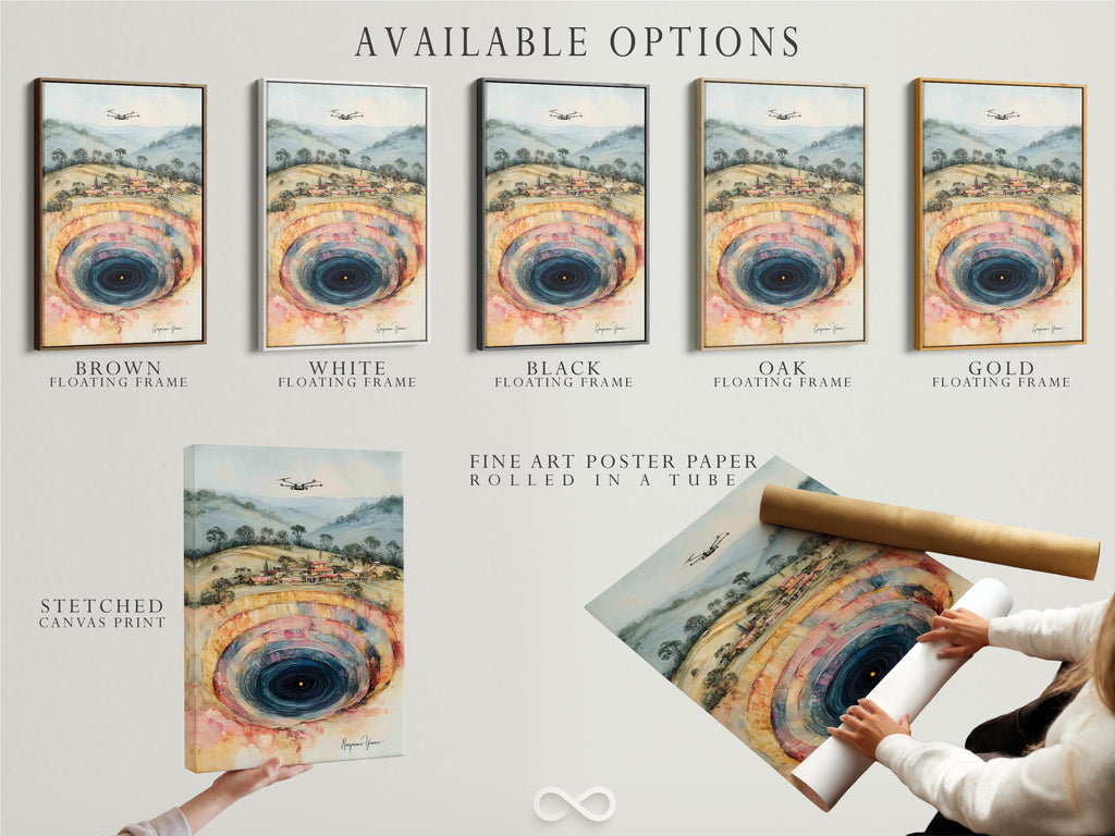 Available options for the Abstract Mine artwork. Choose from a stretched canvas print a fine art poster paper or a floating frame. Customize your art to match your style. Perfect for modern and industrial spaces. Enhance your home decor with this unique piece.