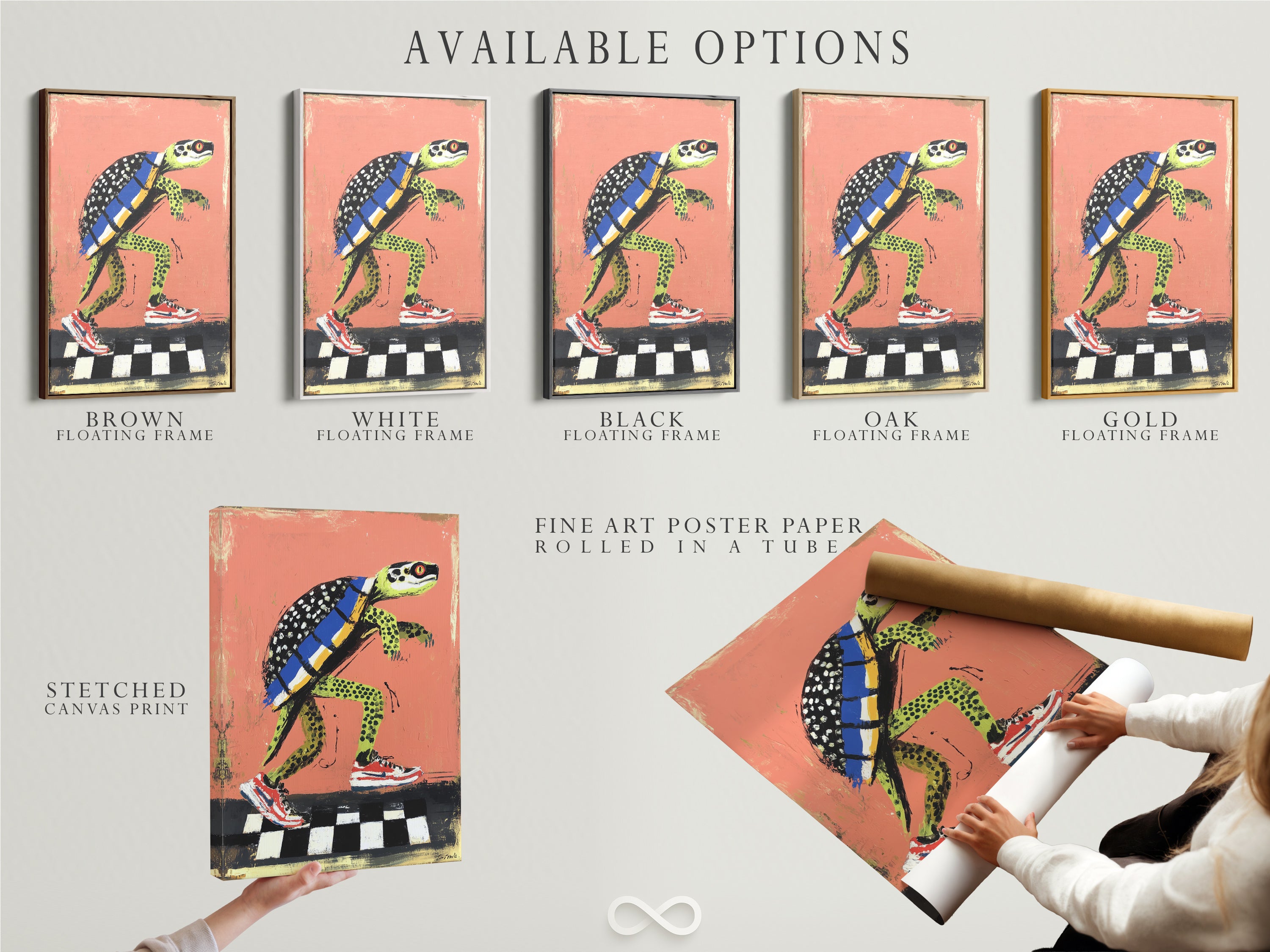 Available options for the turtle skateboard art. Choose from a stretched canvas print fine art poster paper or a floating frame. Each option enhances the playful urban aesthetic. Find the perfect style for your kids room teen bedroom or recreational space. Get funky animal art today.