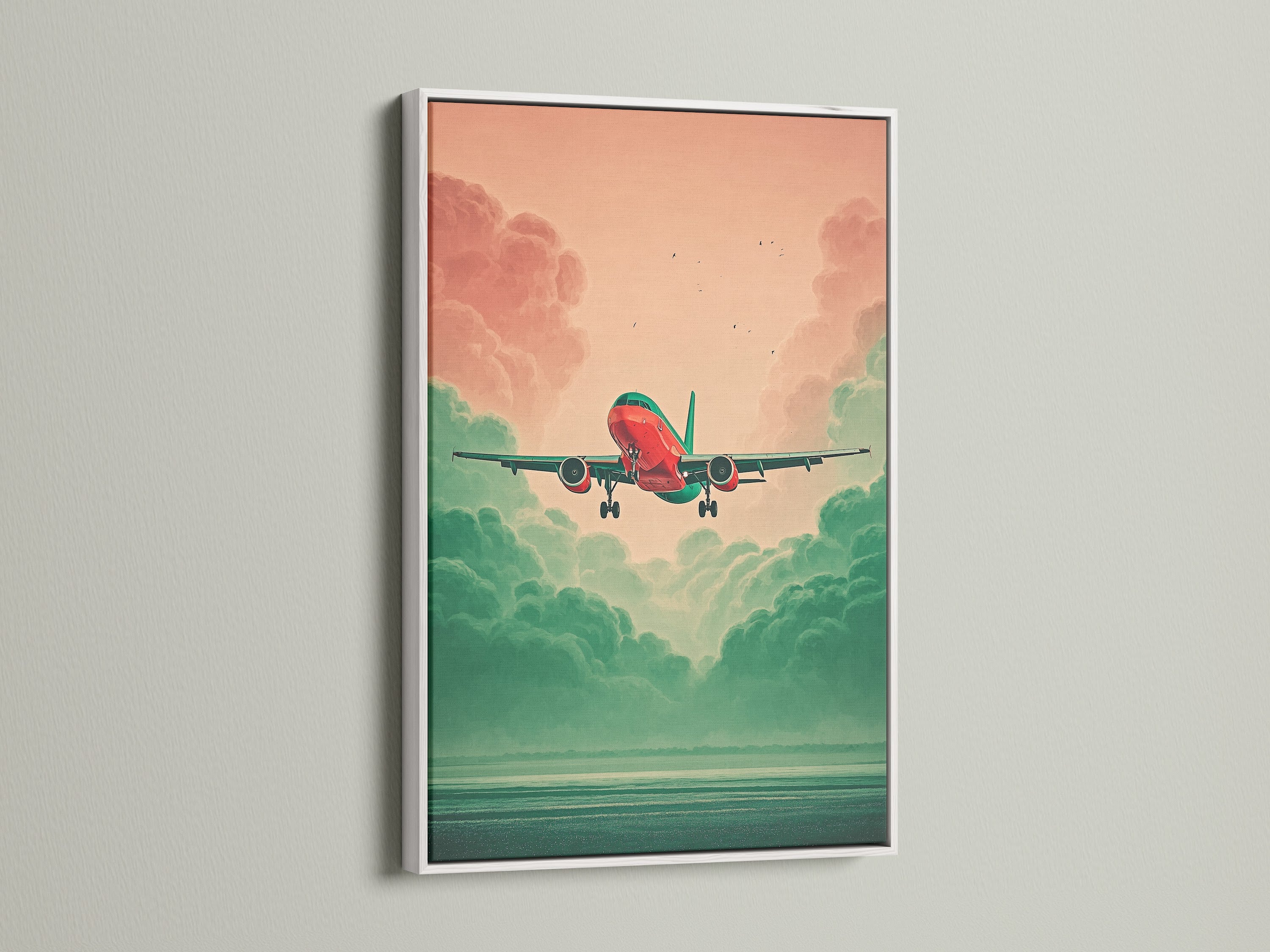 Aviation Wall Art with a white frame. The artwork depicts an airplane amidst a teal and coral sky. This modern art print is a great addition to any space. It's ideal for homeowners renters and aviation professionals. This aviation decor makes a thoughtful travel gift. Enhance your living room bedroom or office