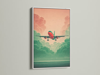 Aviation Wall Art with a white frame. The artwork depicts an airplane amidst a teal and coral sky. This modern art print is a great addition to any space. It's ideal for homeowners renters and aviation professionals. This aviation decor makes a thoughtful travel gift. Enhance your living room bedroom or office