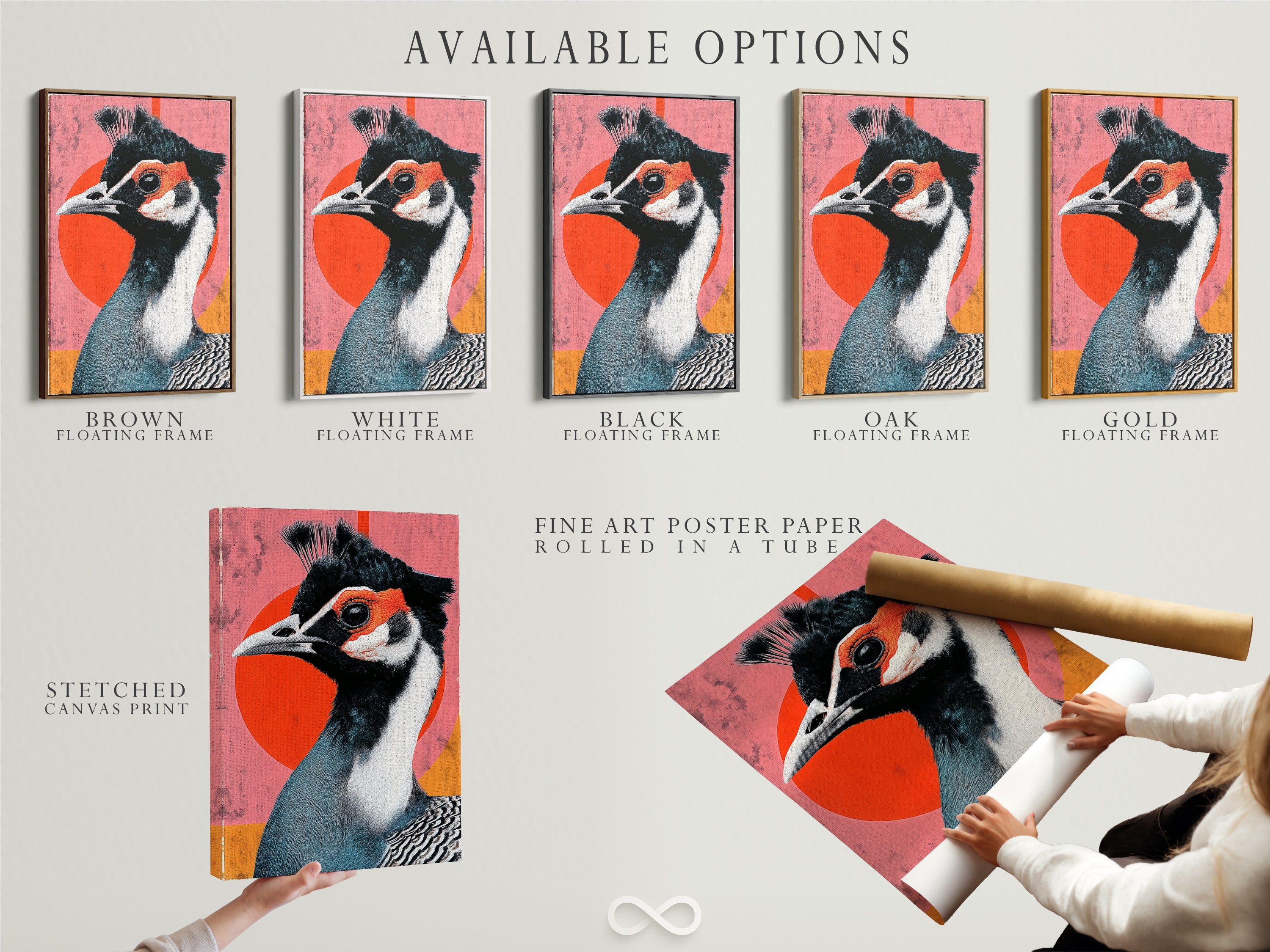 Available options for the Exotic Bird artwork. Choose from a stretched canvas print fine art poster paper or floating frame. Each option enhances the teal and coral colors. Find the perfect piece for your modern home decor needs today.