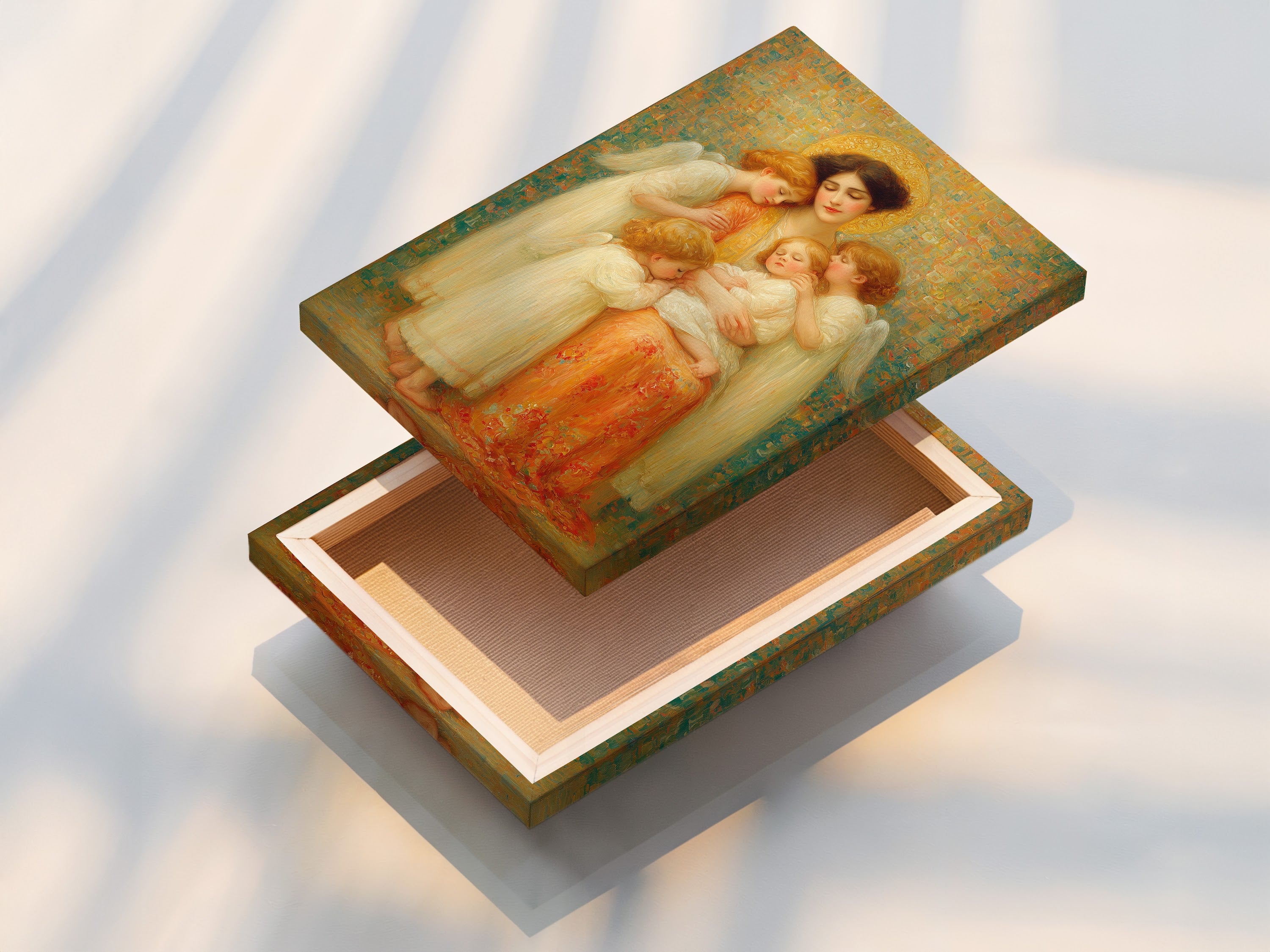 Stretched canvas print of Madonna & Child Renaissance Angel Wall Art. Ready to hang and display. The religious wall art brings a vintage touch. Ideal for creating a peaceful nursery or bedroom. This angel canvas print enhances any space.