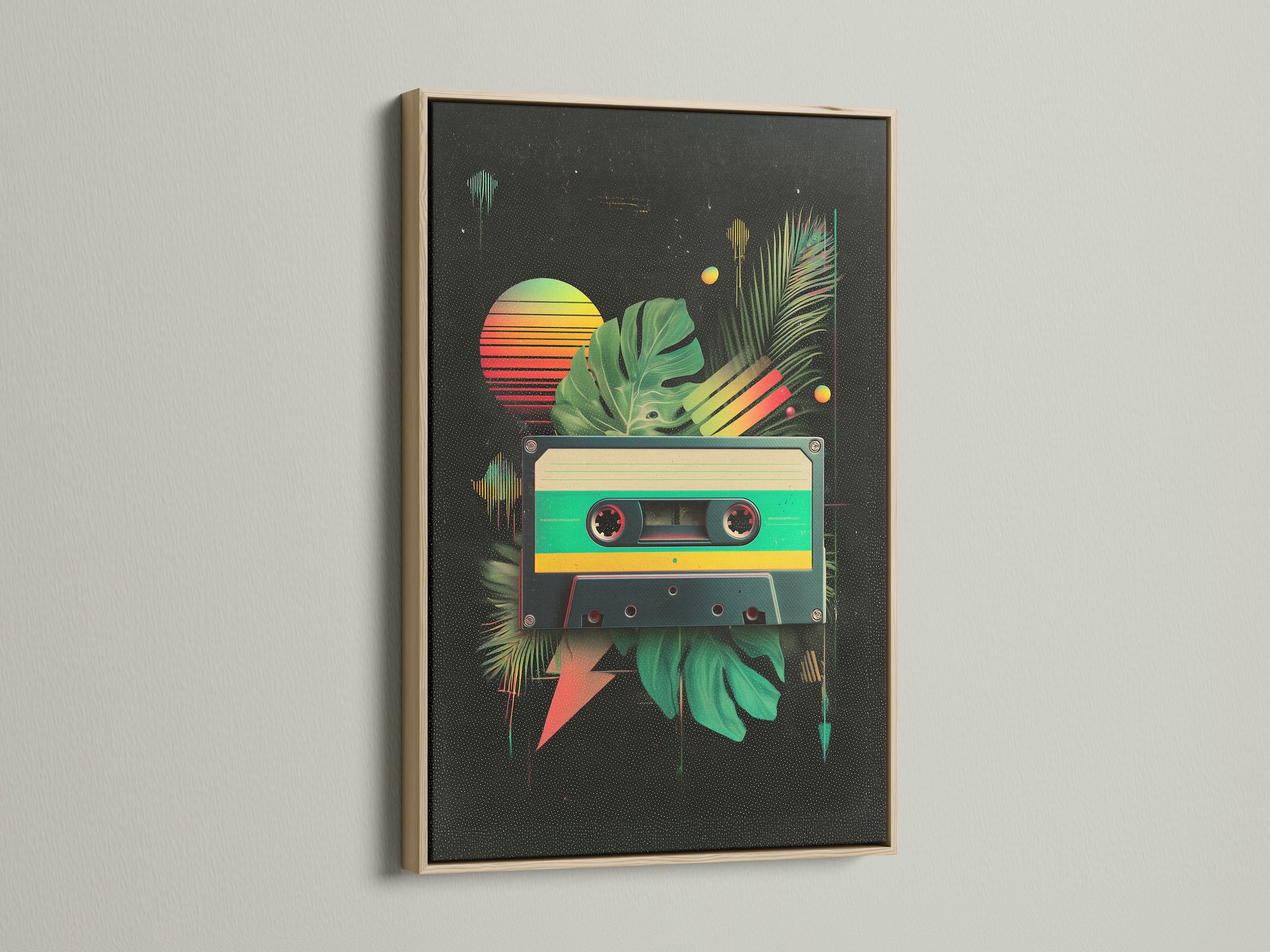 This is a close-up of an oak frame. The frame showcases a retro-inspired cassette tape art print. The oak frame adds warmth to the artwork. The art is displayed on a white wall. Shop now for framed art prints.