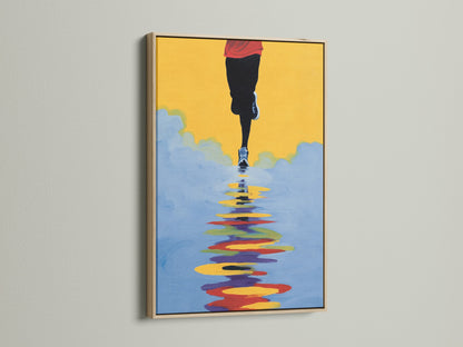 Runner Canvas Print with an oak frame. This abstract marathon wall art is a modern sport artwork. A great gift for any athlete. Perfect Modern Wall Art for minimalist styles. Bring color to your living room wall decor.