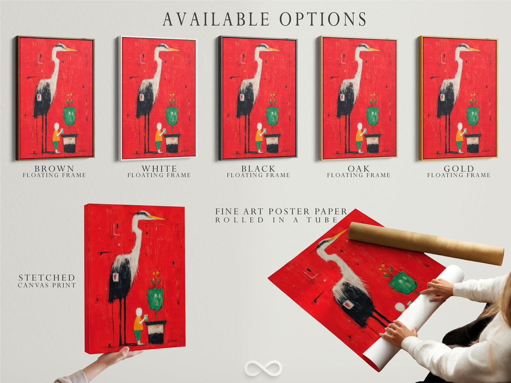 Available options for the Heron Art. Choose from a stretched canvas print a fine art poster paper or a floating frame. The red abstract wall art features a modern bird artwork. Find the perfect style for your decor.