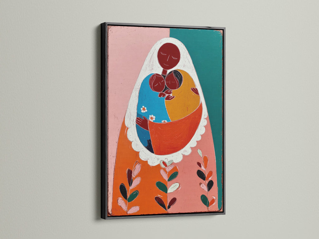 The art piece features a loving mother and two children in a sleek black frame. The black frame adds a bold sophisticated touch to the artwork. The art is displayed on a white wall. Ideal for contemporary spaces.