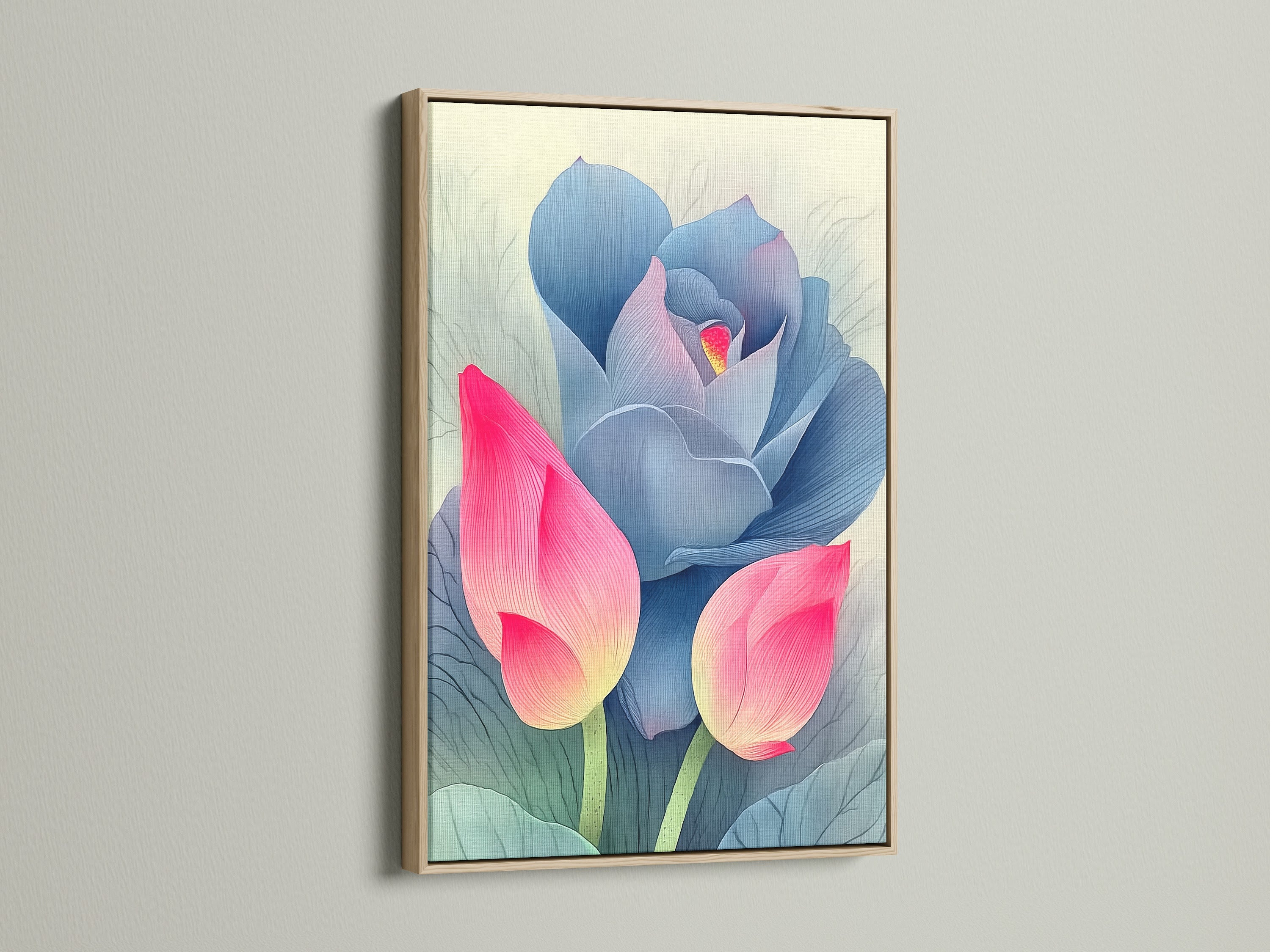 A close-up of a pink and blue lotus flower artwork in an oak frame. The artwork is displayed on a white wall. This floral canvas adds a modern botanical touch to any room. Discover serene wall art to create a calming atmosphere.
