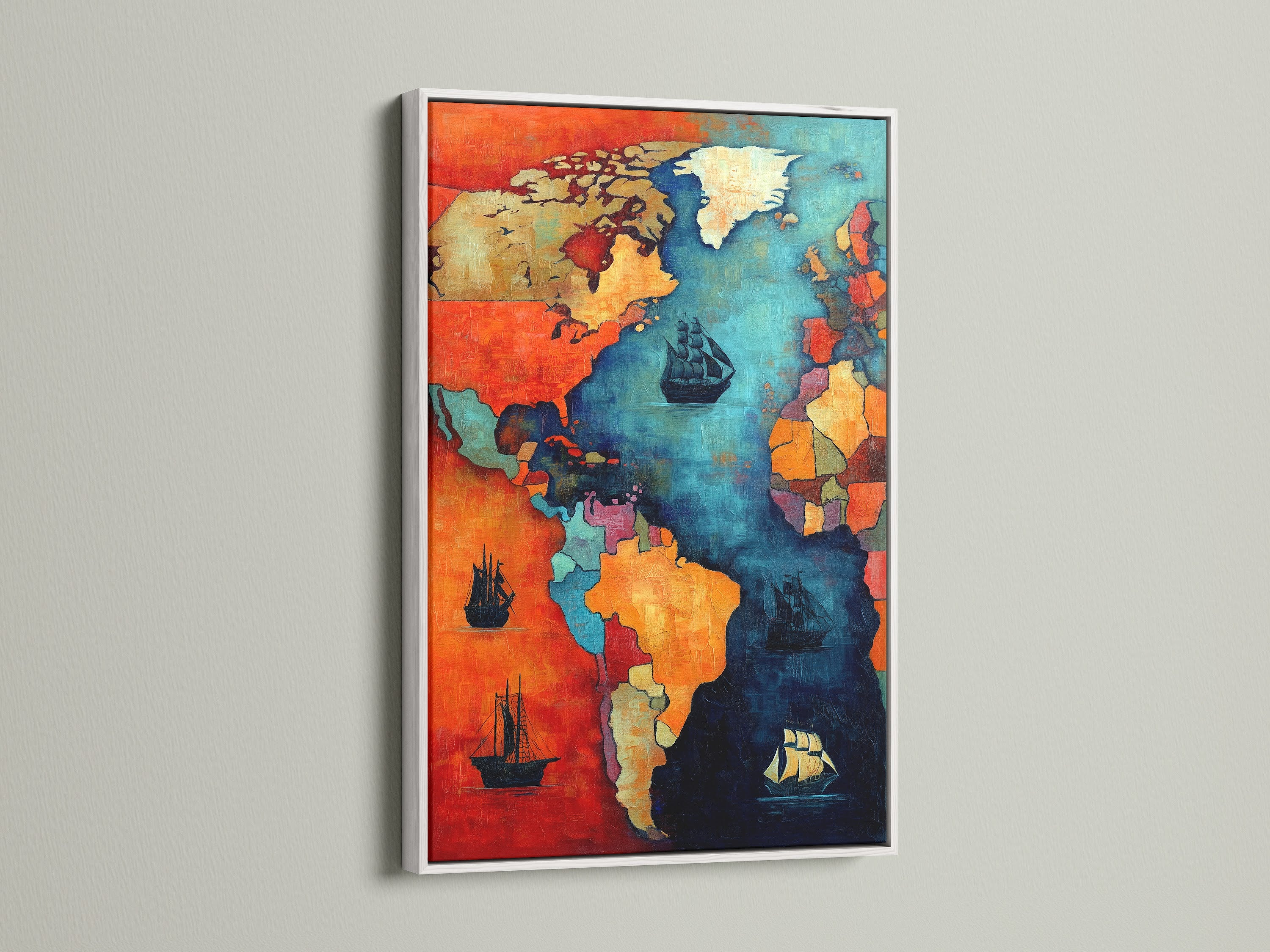 This vintage world map artwork is framed in white. The nautical chart adds a touch of elegance. The teal wall art complements any room. Its coral decor brings warmth. Ideal for study room or office wall art. A perfect gift for sailors or map enthusiasts.