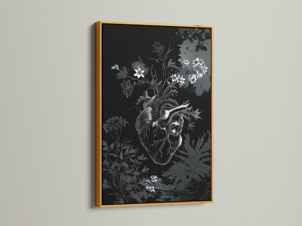A botanical heart art print showcased in a gold frame. The gold frame adds a touch of elegance and luxury. The artwork is enhanced by the warm tone of the gold. It brings a touch of glamour to any room.