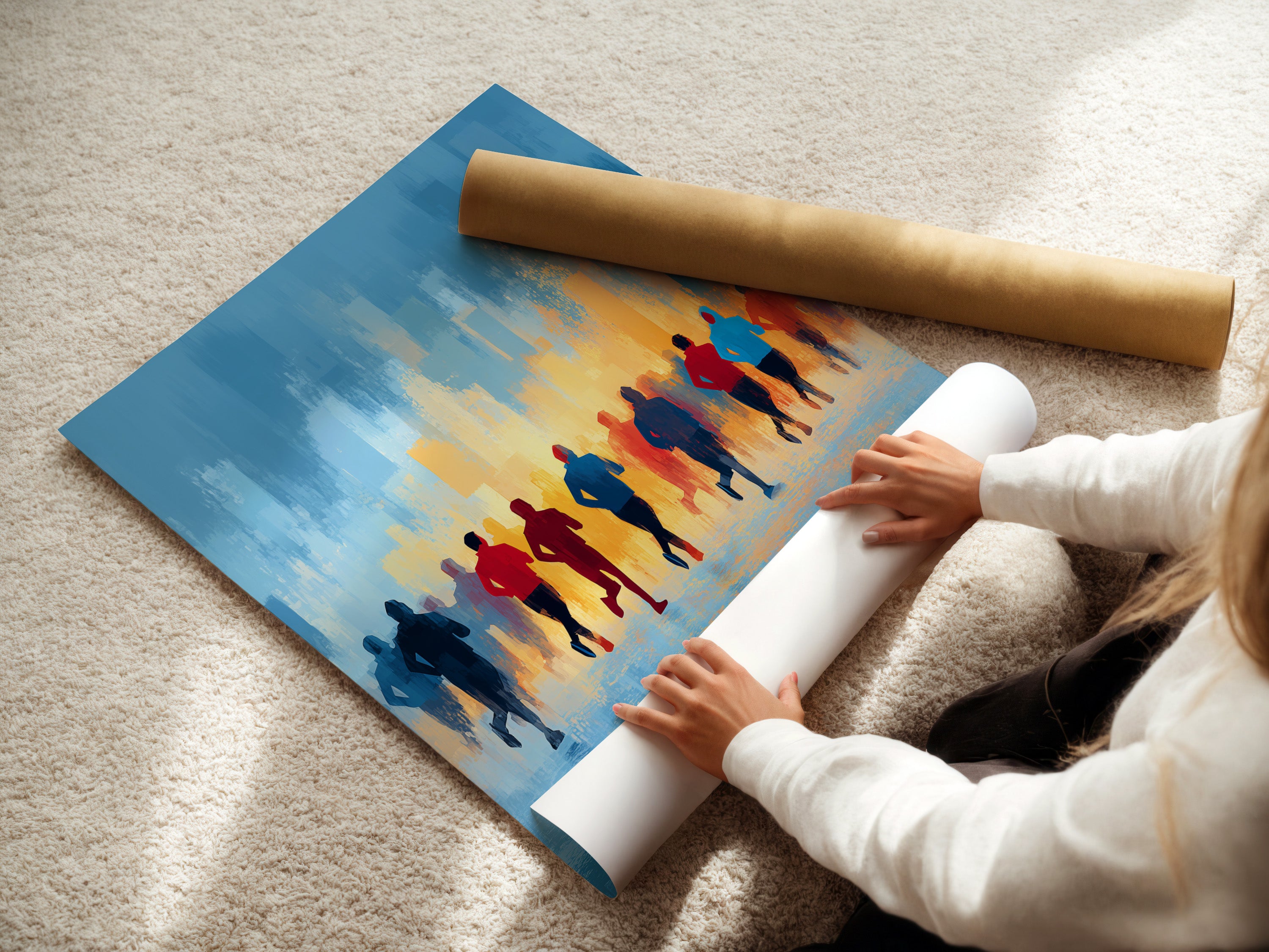 A woman rolls out a fine art poster paper featuring abstract marathon runners artwork. This sports wall art is perfect for home gym decor. The blue and orange colors add a motivational touch. Ideal for those seeking to enhance their fitness space with inspirational art.