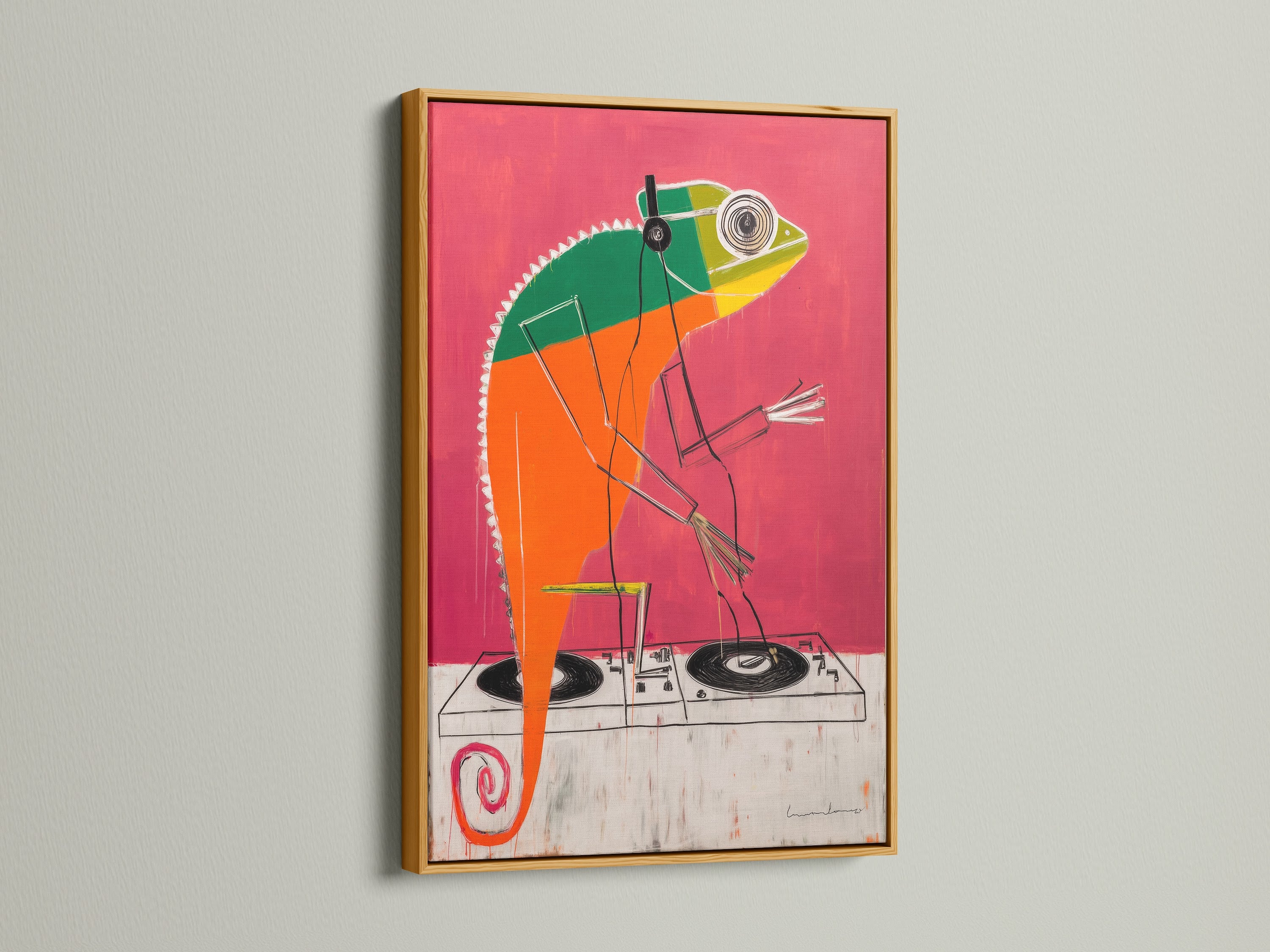 DJ Chameleon artwork with a gold frame. This retro music poster has a pop art feel. It's great for studio wall decor. The funky wall art is ideal for contemporary spaces and music lovers.