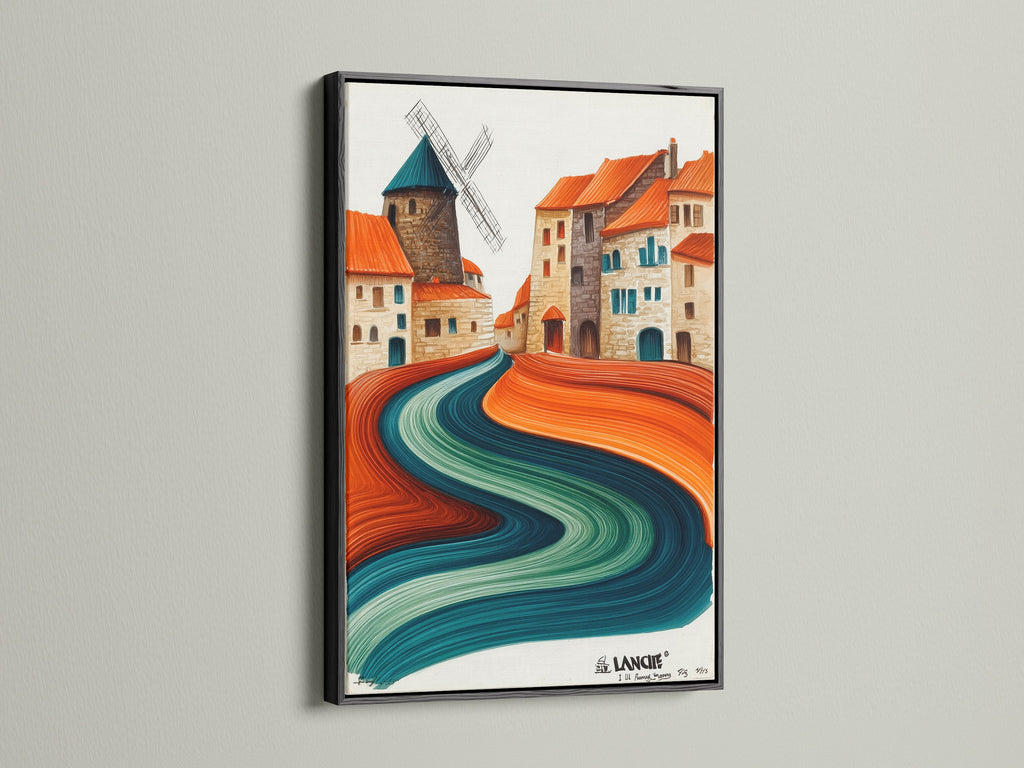 The whimsical village artwork is elegantly displayed in a black frame. The abstract landscape combines teal and terracotta colors. This modern home decor piece adds sophistication. It's ideal for creating a stylish focal point in any contemporary or eclectic setting.