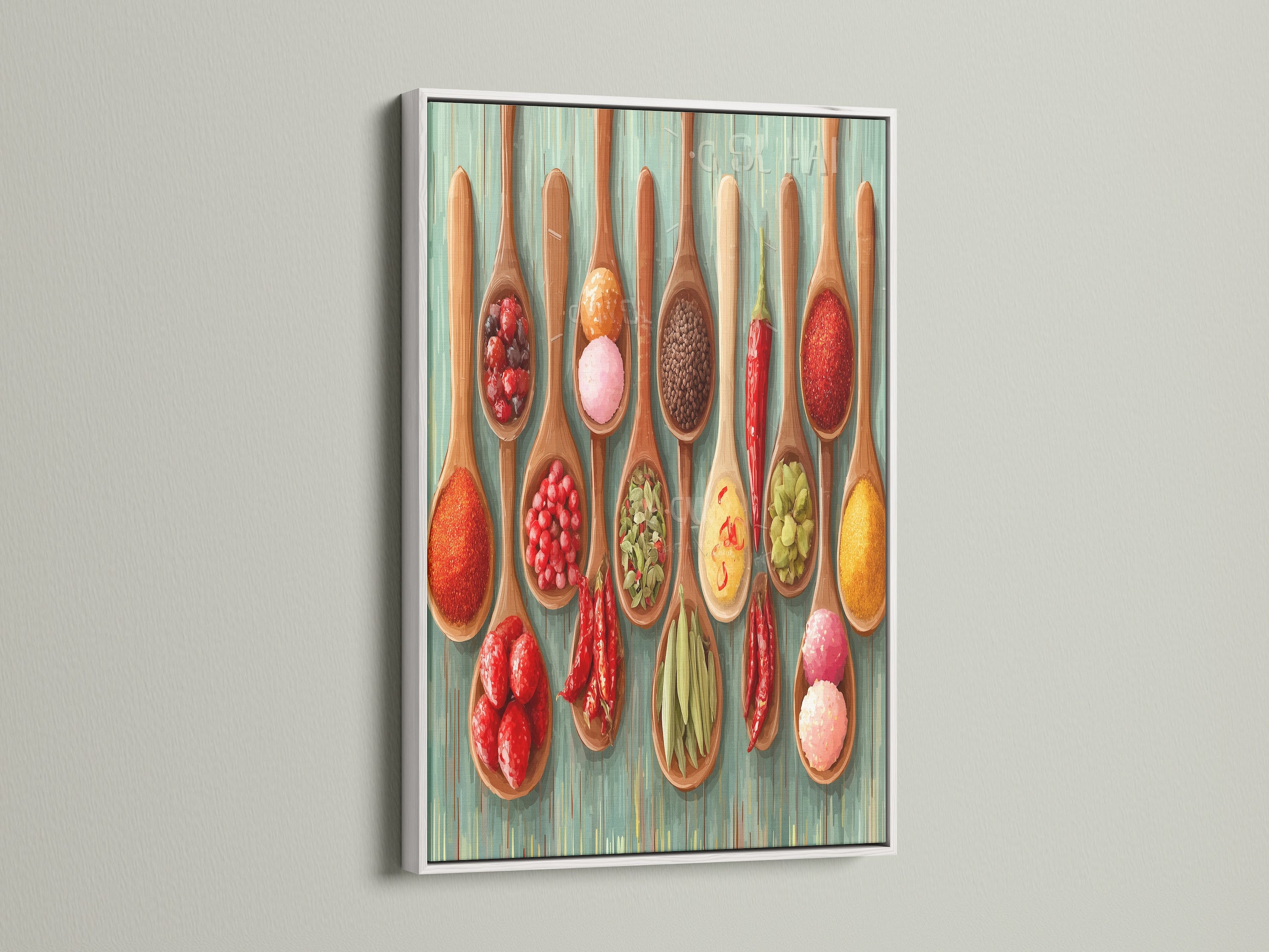 A white frame highlights the spice spoons artwork. This kitchen canvas is ideal for dining wall art. The spice decor will complement rustic or farmhouse styles. It's excellent for cafe decor and gourmet kitchens. Consider this colorful kitchen art.